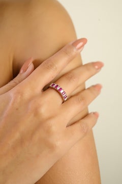 Alternating Ruby & Diamond Baguette Band Ring in 14K White Gold Prong Set