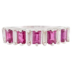 Alternating Ruby & Diamond Baguette Band Ring in 14K White Gold Prong Set