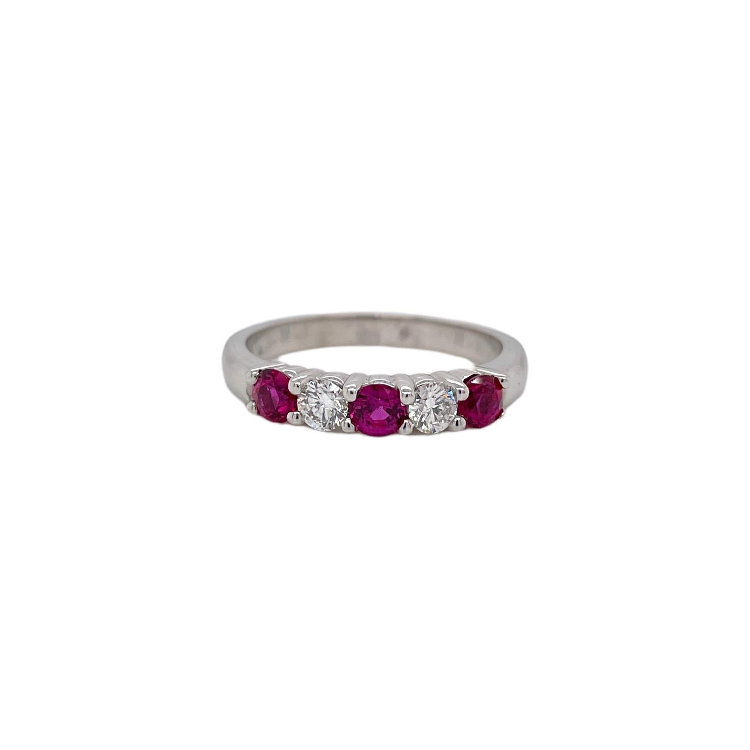 Modern Alternating Ruby & Diamond Band in 14k White Gold For Sale