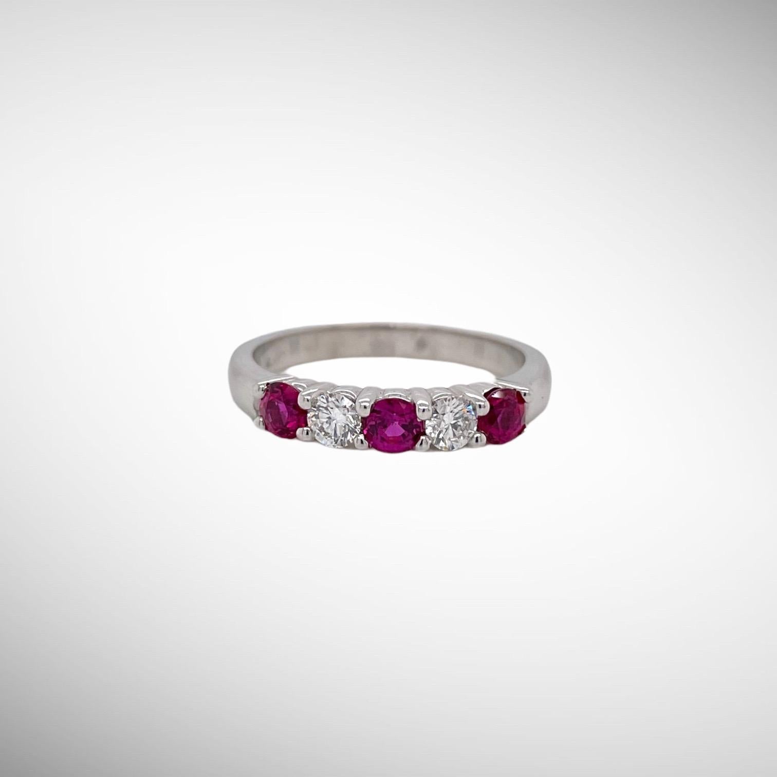Round Cut Alternating Ruby & Diamond Band in 14k White Gold For Sale