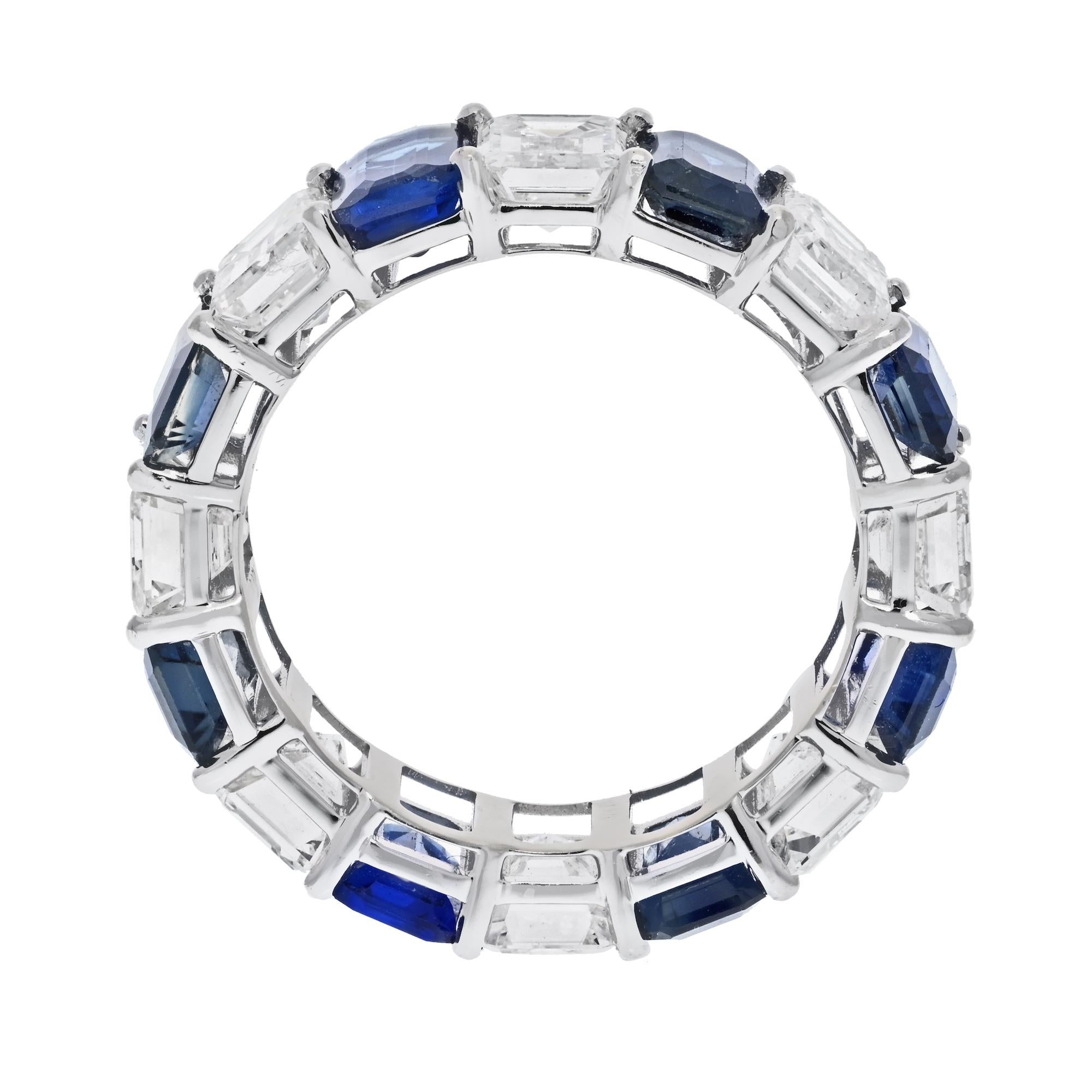 Alternating Sapphire and Diamond Eternity Band 9 Carats Total

Striking in color and style, this ring is comprised of 8 Emerald cut diamonds alternating with 8 majestic Blue Sapphires creating a magnificent piece of art. Wear this eternity band day