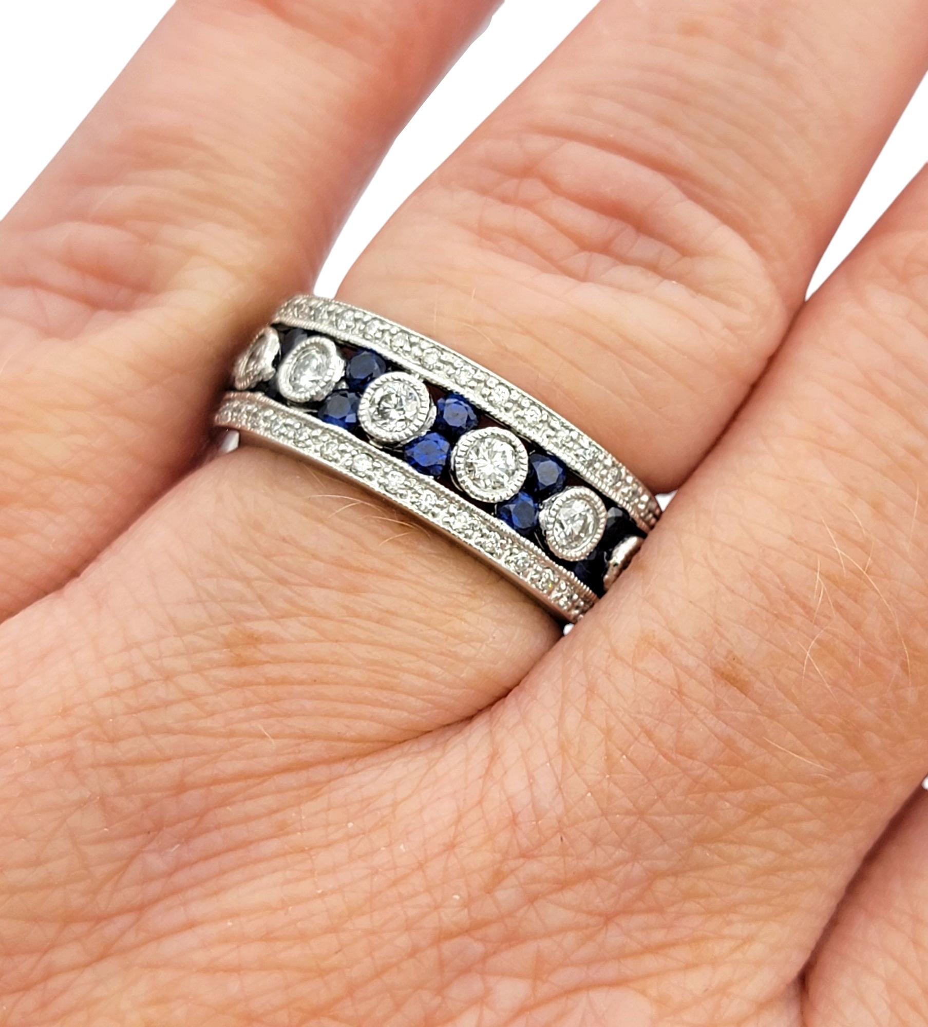 Alternating Sapphire and Diamond Milgrain Band Ring in 14 Karat White Gold For Sale 4