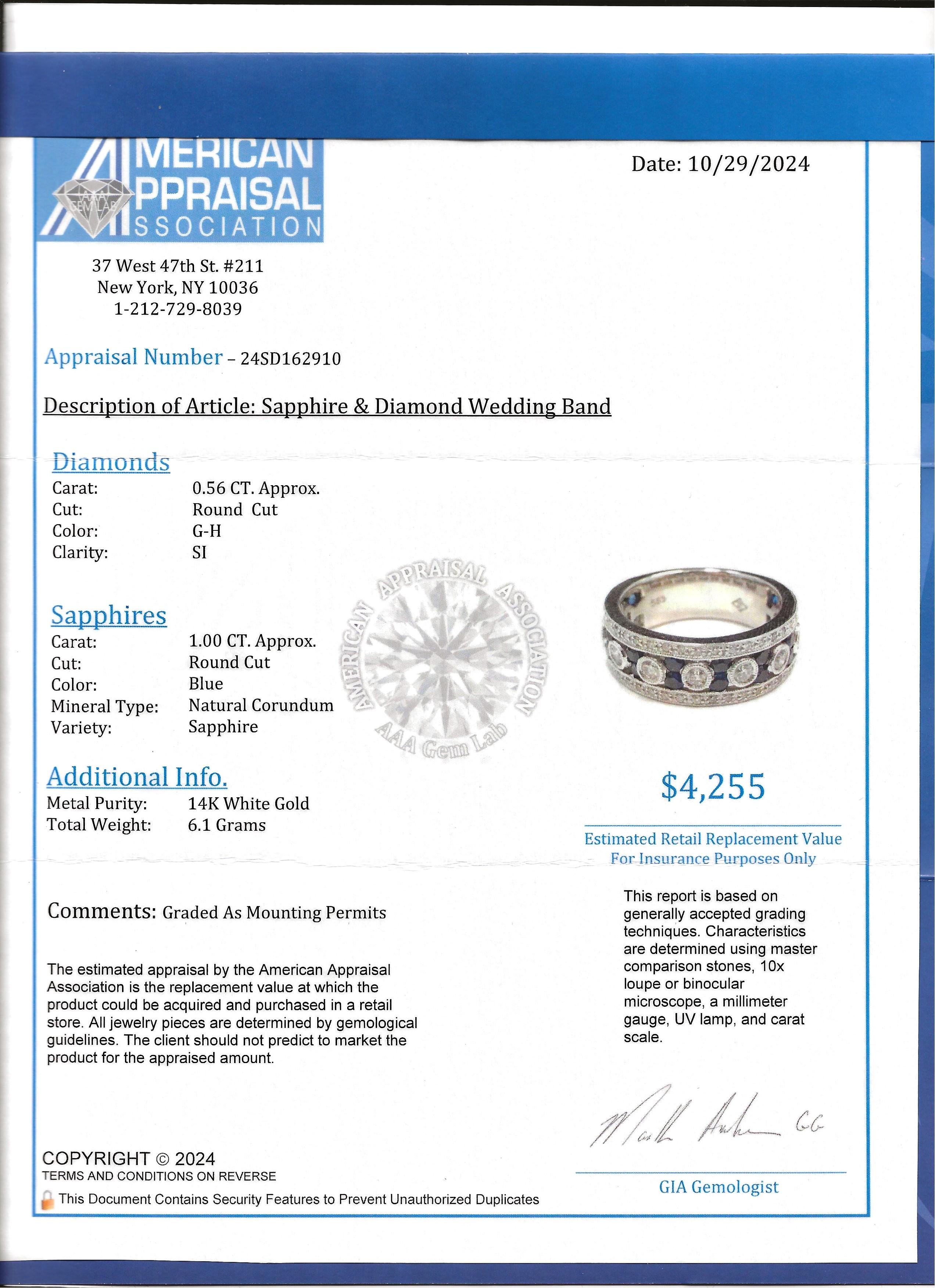 Alternating Sapphire and Diamond Milgrain Band Ring in 14 Karat White Gold For Sale 5