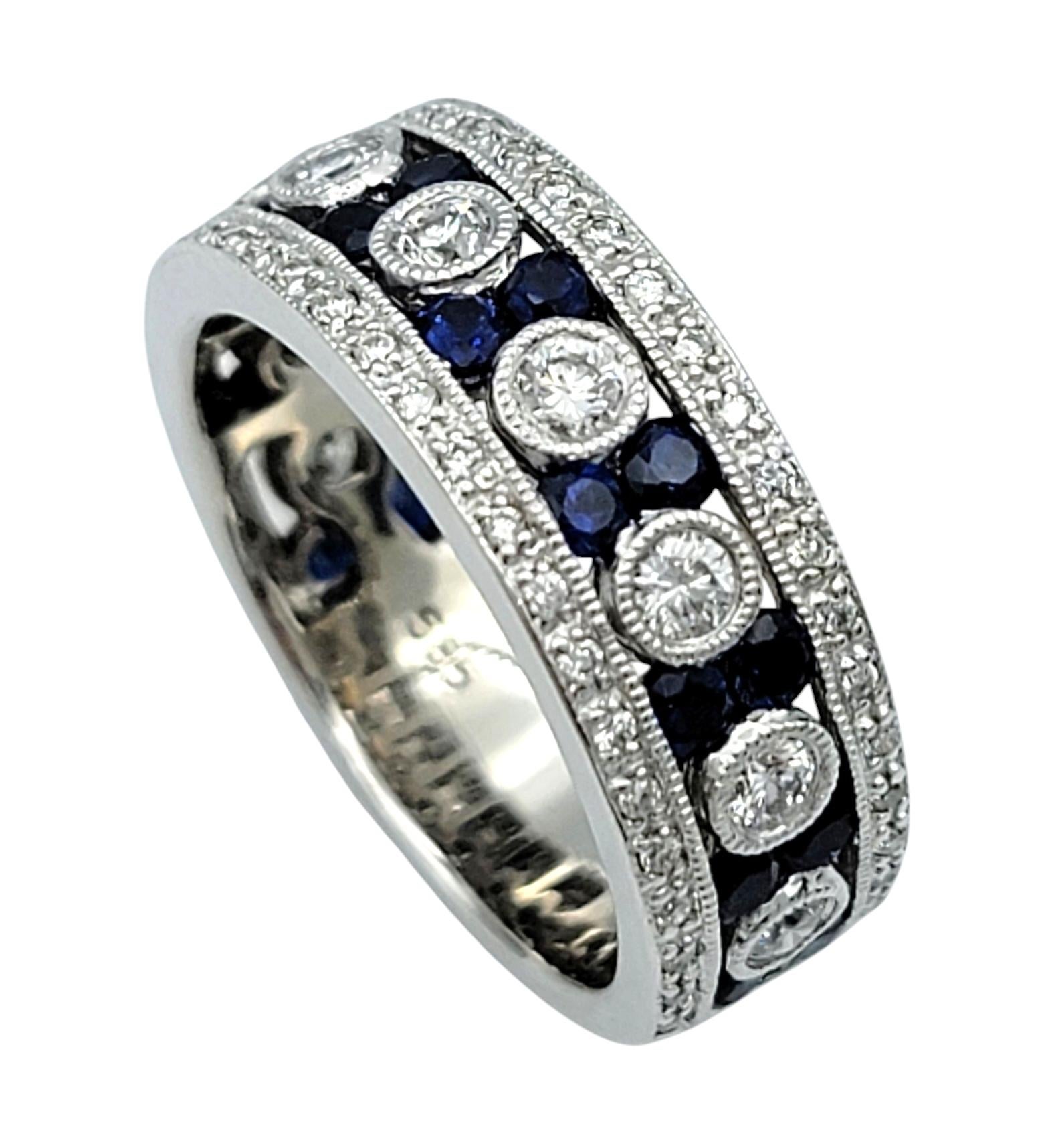 Contemporary Alternating Sapphire and Diamond Milgrain Band Ring in 14 Karat White Gold For Sale