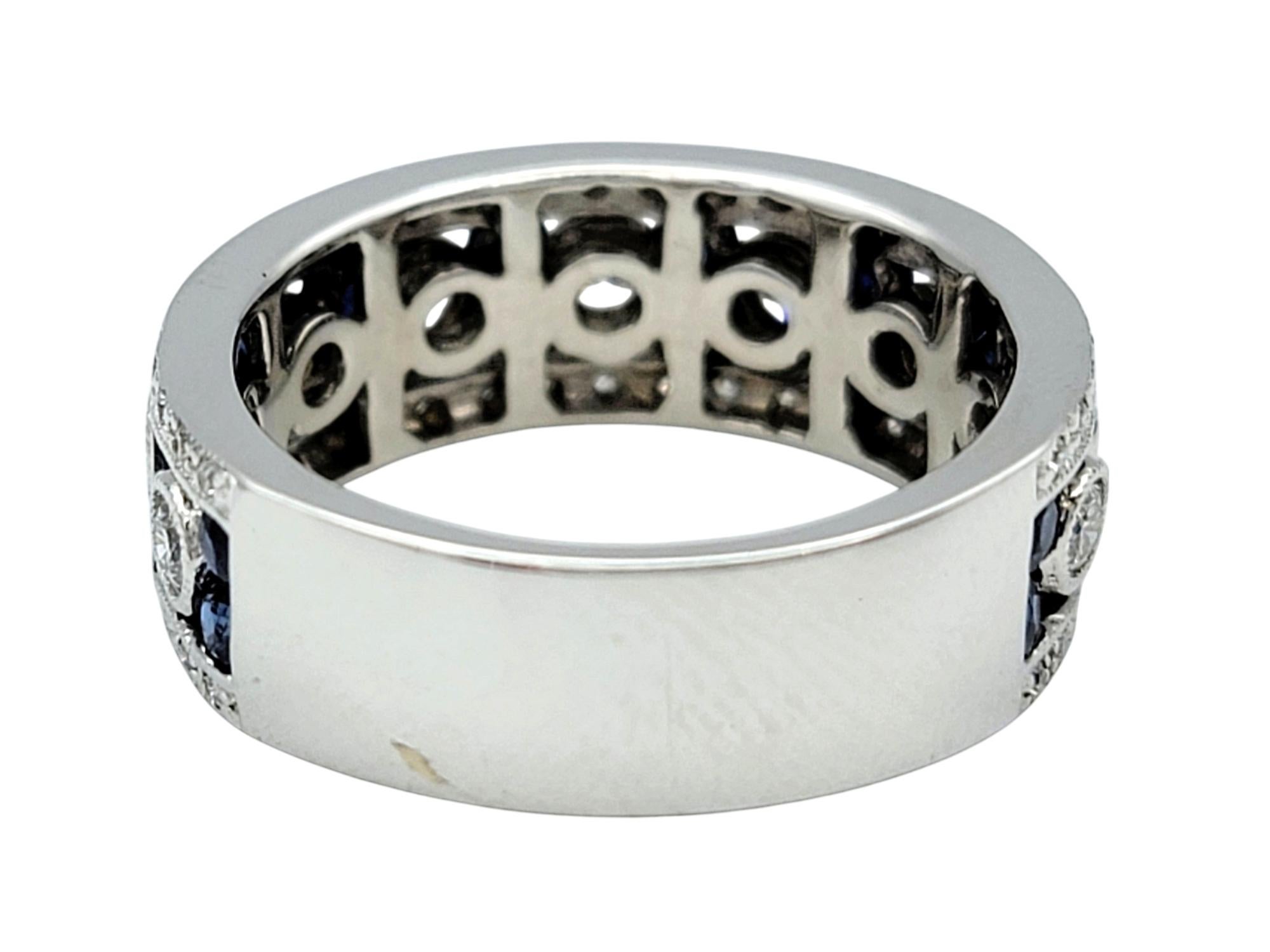 Alternating Sapphire and Diamond Milgrain Band Ring in 14 Karat White Gold In Good Condition For Sale In Scottsdale, AZ