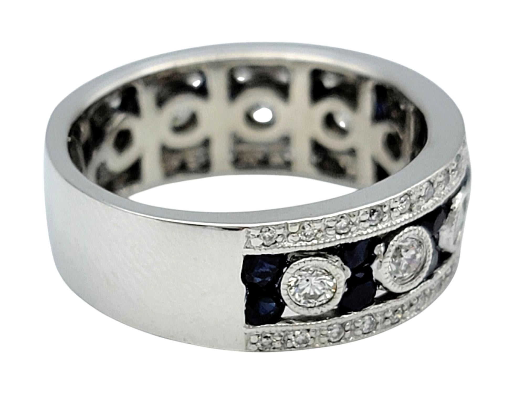 Women's Alternating Sapphire and Diamond Milgrain Band Ring in 14 Karat White Gold For Sale