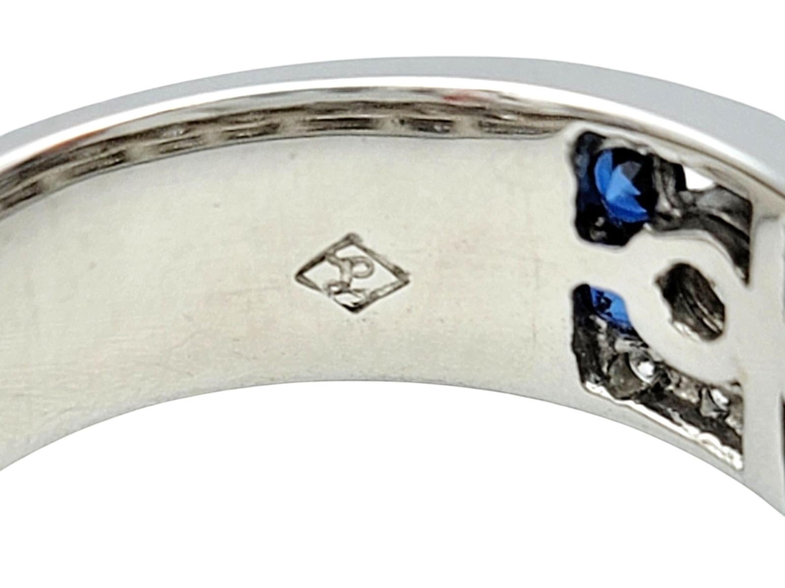 Alternating Sapphire and Diamond Milgrain Band Ring in 14 Karat White Gold For Sale 1