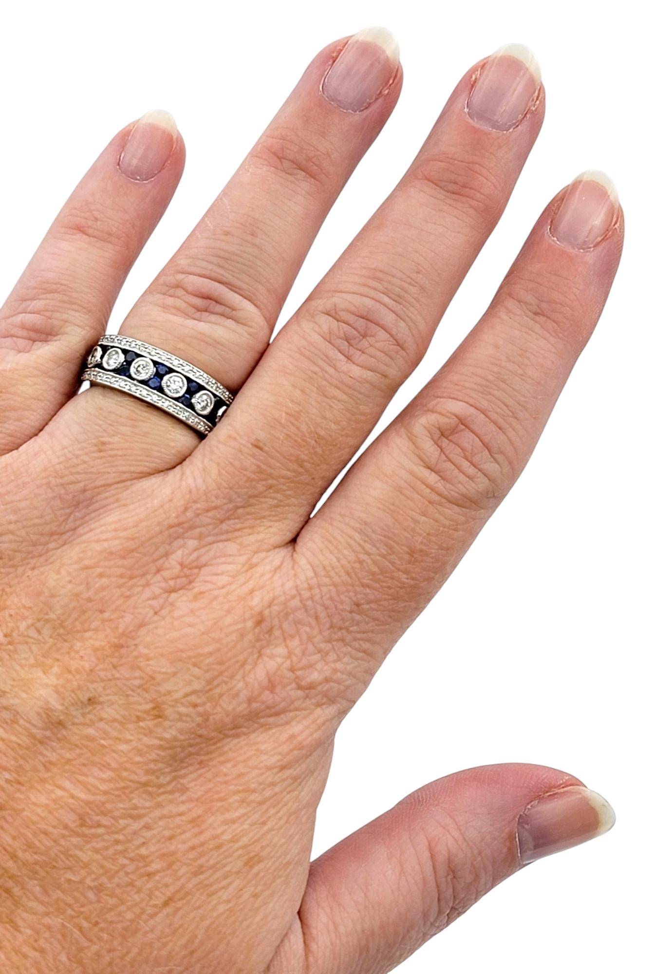 Alternating Sapphire and Diamond Milgrain Band Ring in 14 Karat White Gold For Sale 3