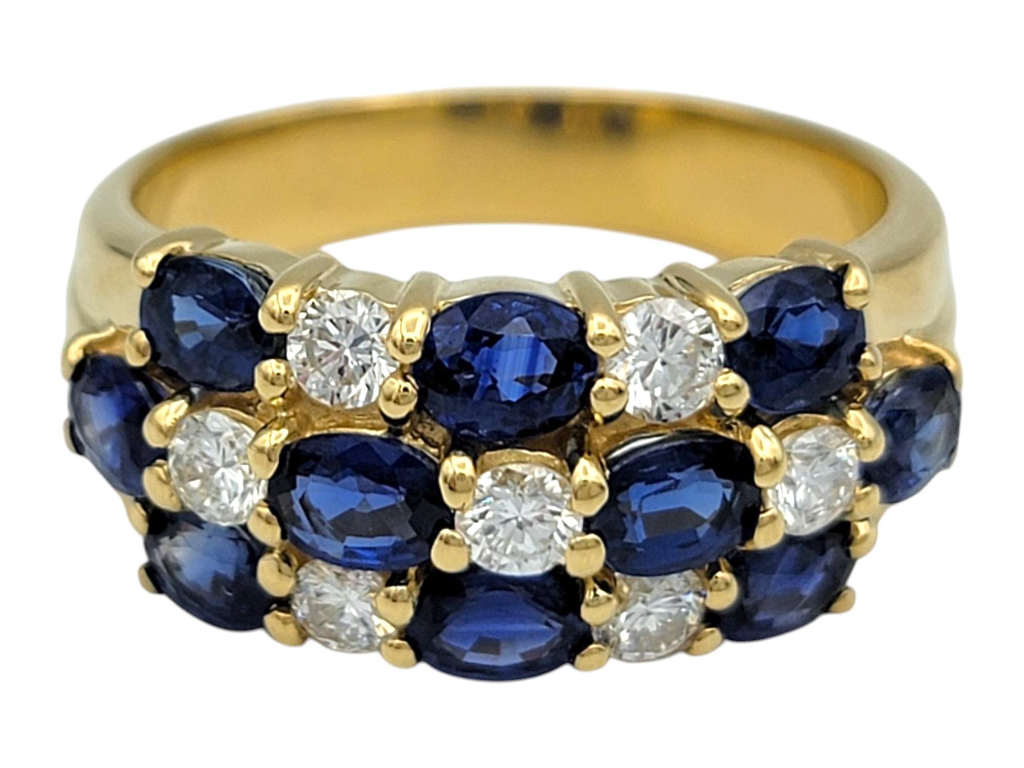 Round Cut Alternating Sapphire and Diamond Multi Row Band Ring in 18 Karat Yellow Gold For Sale
