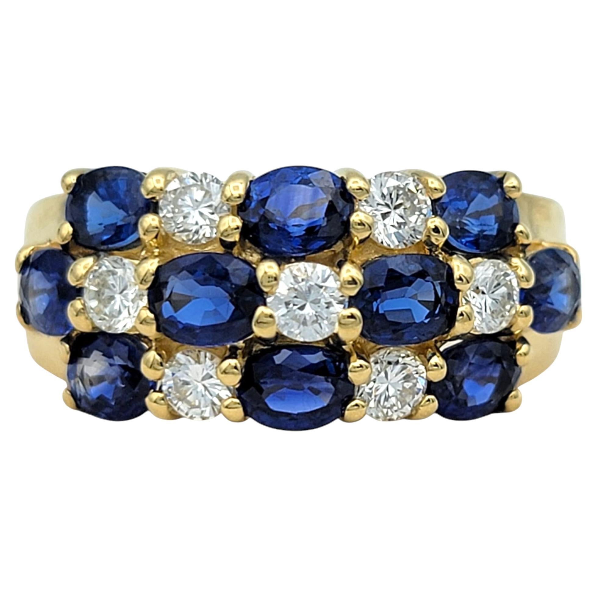 Alternating Sapphire and Diamond Multi Row Band Ring in 18 Karat Yellow Gold For Sale