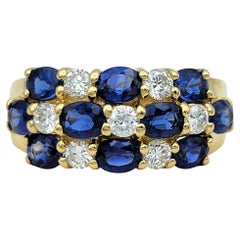 Bague à plusieurs rangées de saphirs et de diamants en or jaune 18 carats