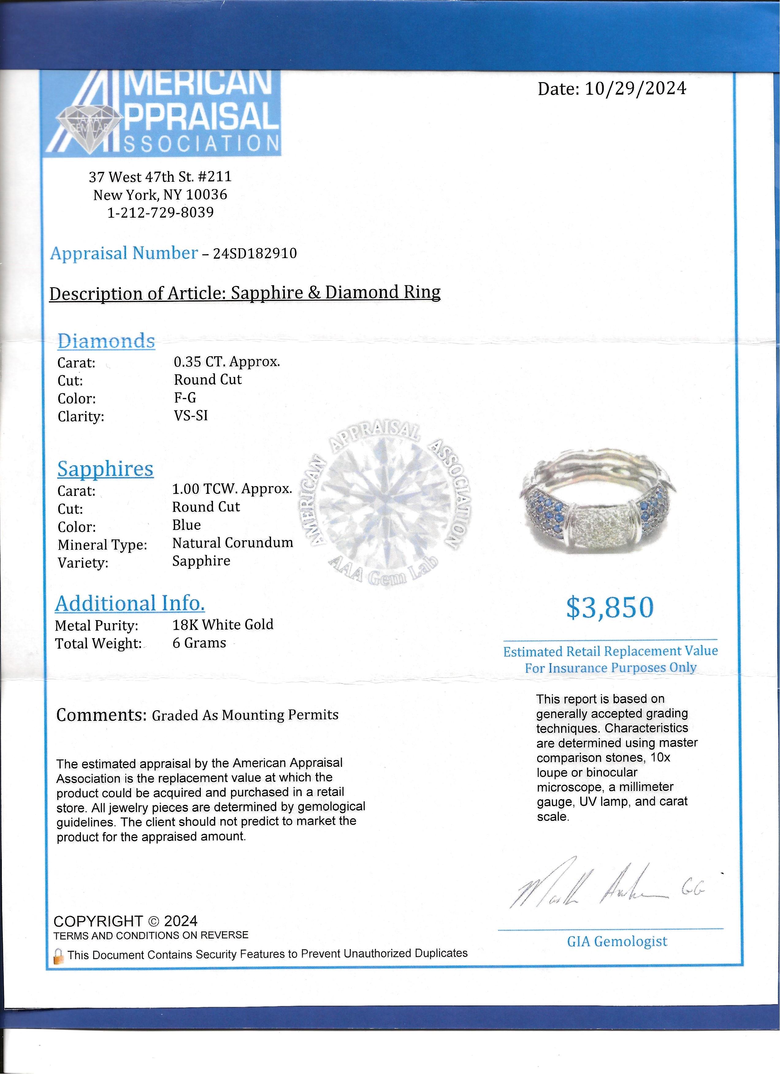 Alternating Sapphire and Diamond Scalloped Band Ring in 18 Karat White Gold For Sale 7