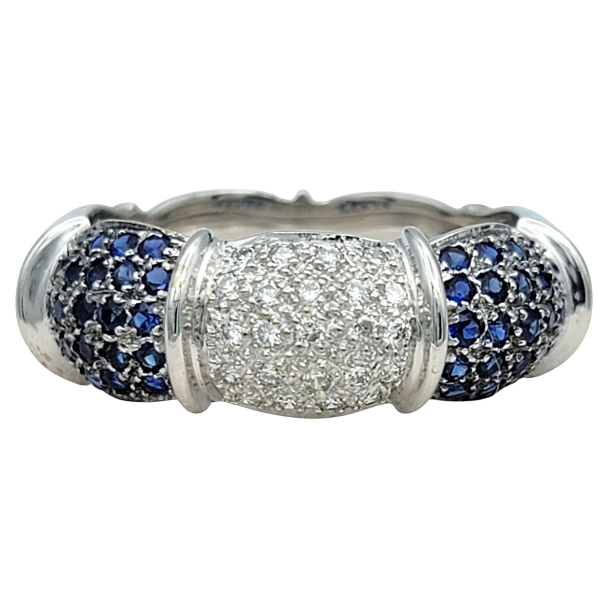 Contemporary Alternating Sapphire and Diamond Scalloped Band Ring in 18 Karat White Gold For Sale