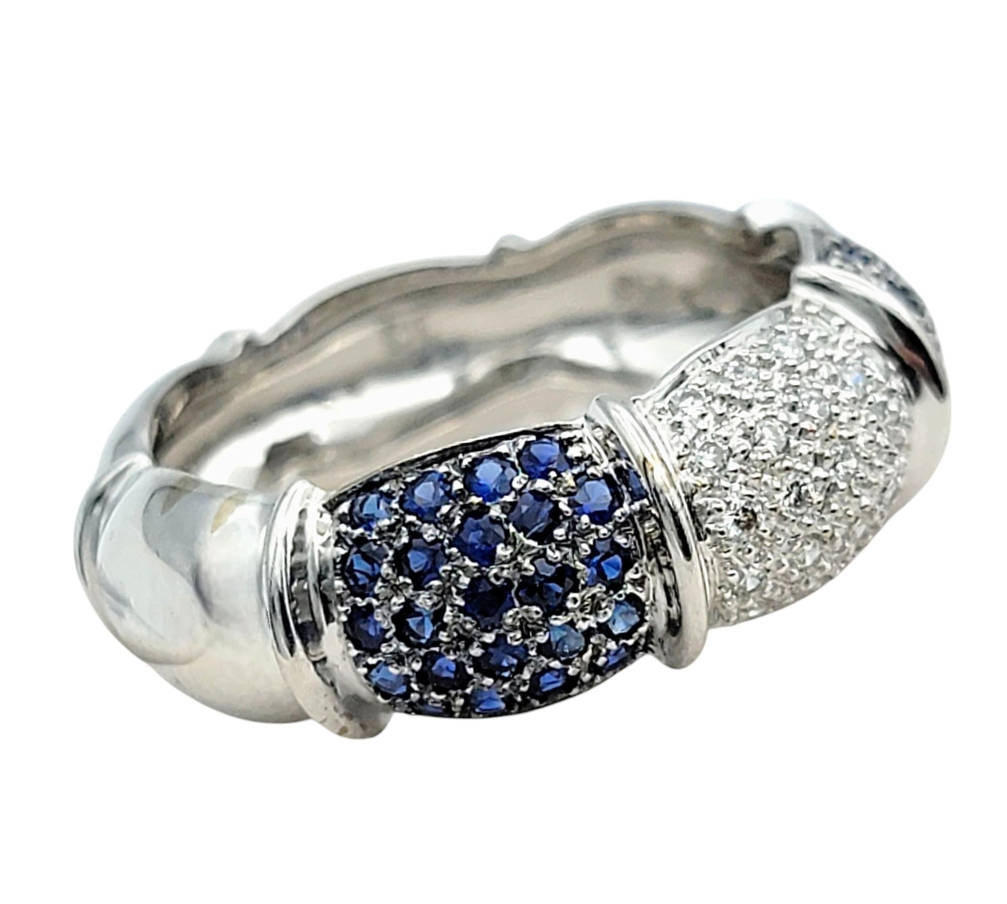 Round Cut Alternating Sapphire and Diamond Scalloped Band Ring in 18 Karat White Gold For Sale
