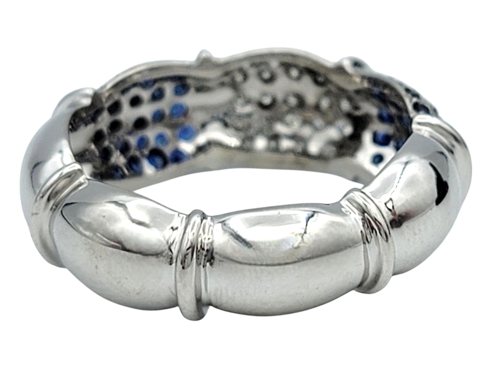Women's Alternating Sapphire and Diamond Scalloped Band Ring in 18 Karat White Gold For Sale