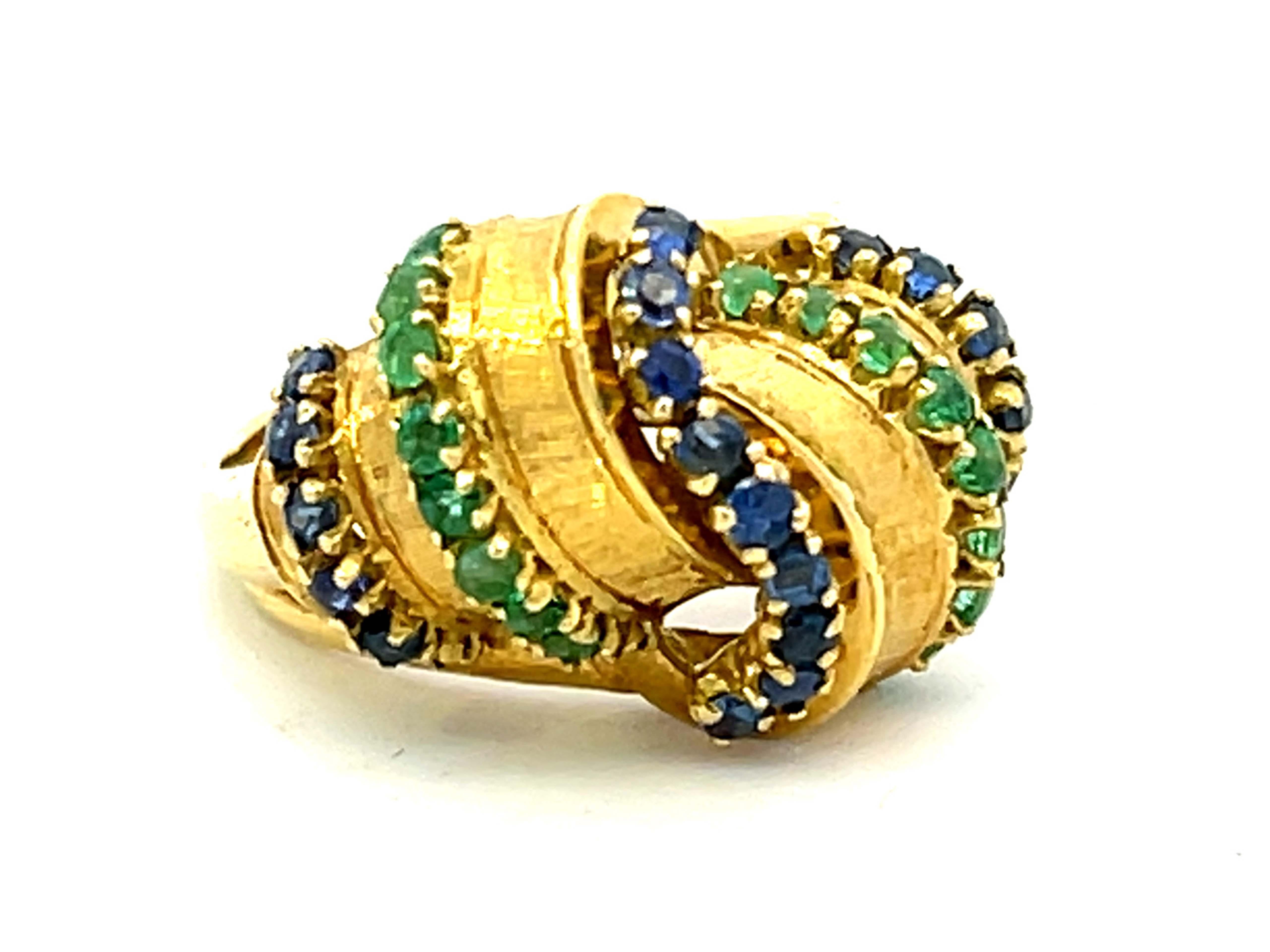 Modern Alternating Sapphire and Emerald Rows Vintage Ring in 18k Yellow Gold For Sale