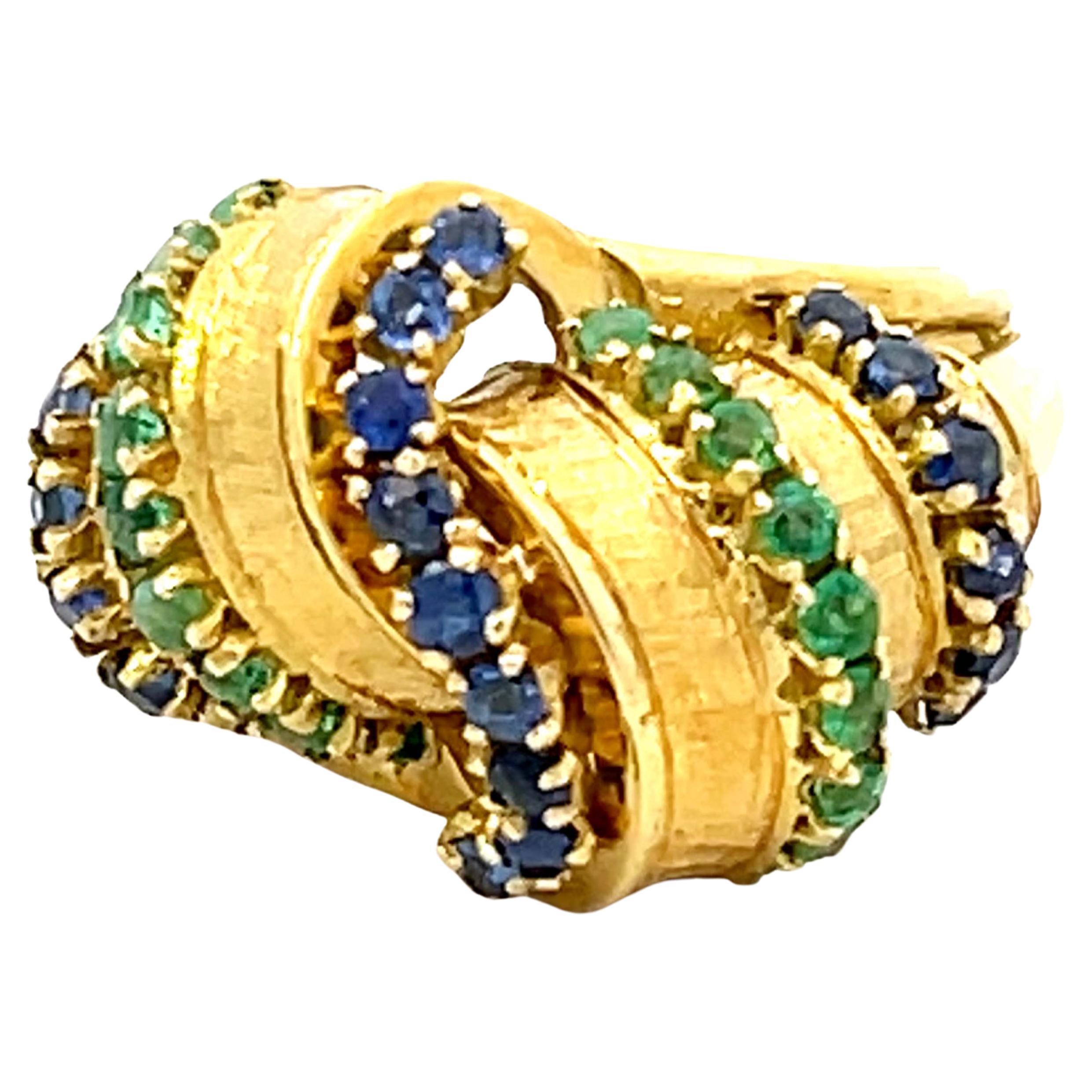 Alternating Sapphire and Emerald Rows Vintage Ring in 18k Yellow Gold For Sale