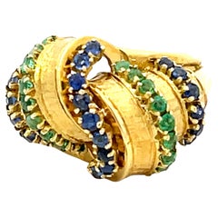 Alternating Sapphire and Emerald Rows Vintage Ring in 18k Yellow Gold