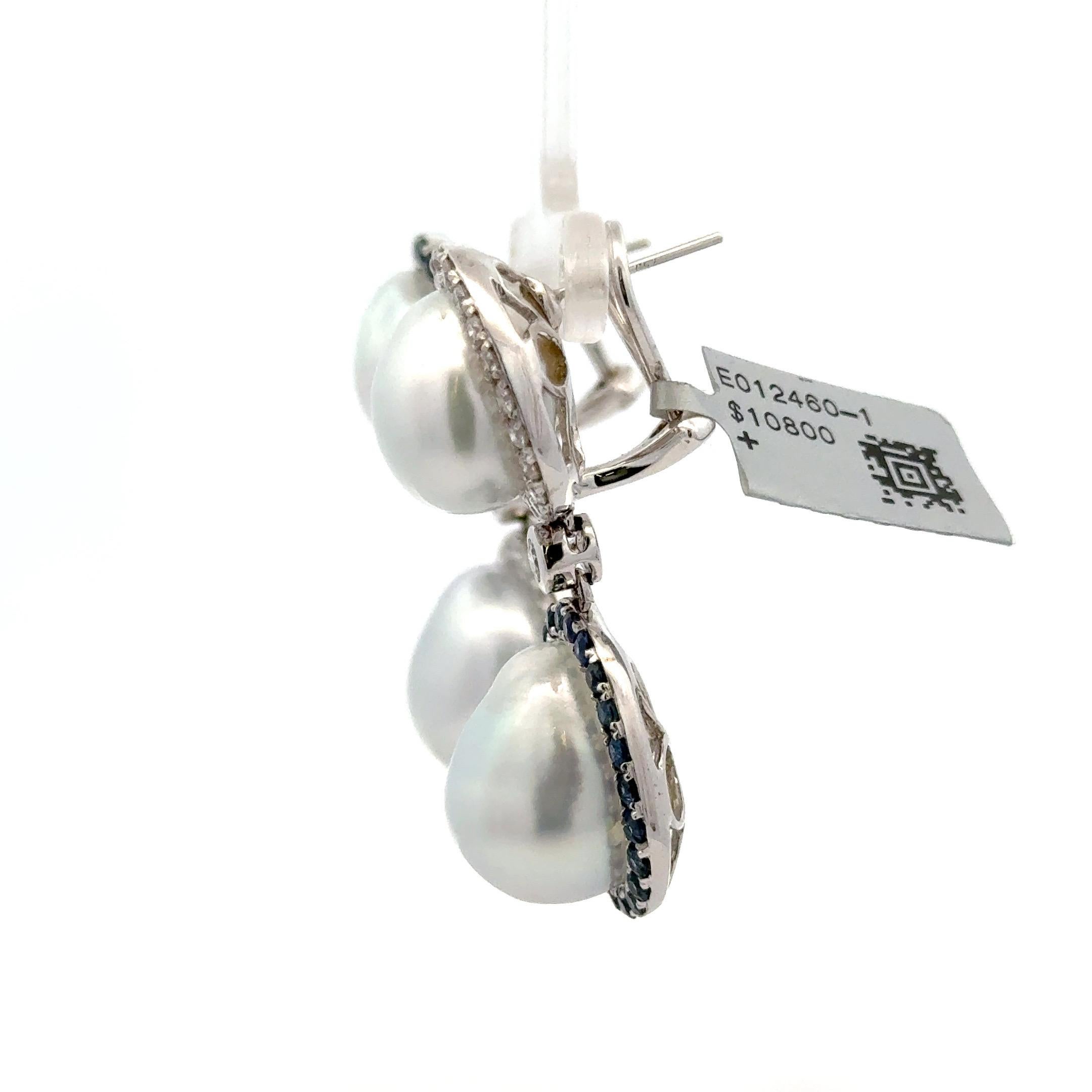 Contemporary Alternating Sapphire Diamond Halo Baroque Pearl Drop Earrings 3.44 CTTW 11-14 MM For Sale