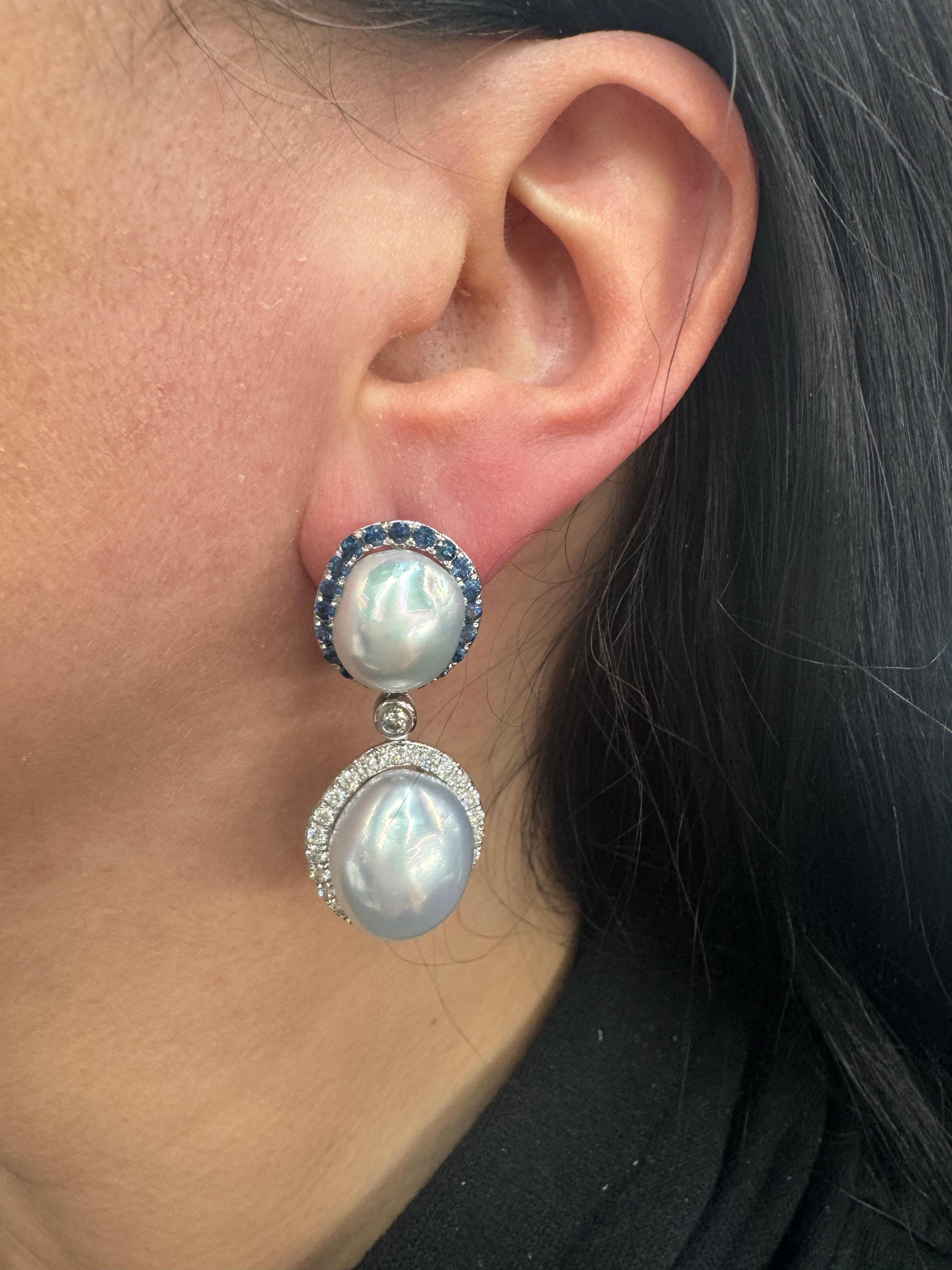 Round Cut Alternating Sapphire Diamond Halo Baroque Pearl Drop Earrings 3.44 CTTW 11-14 MM For Sale