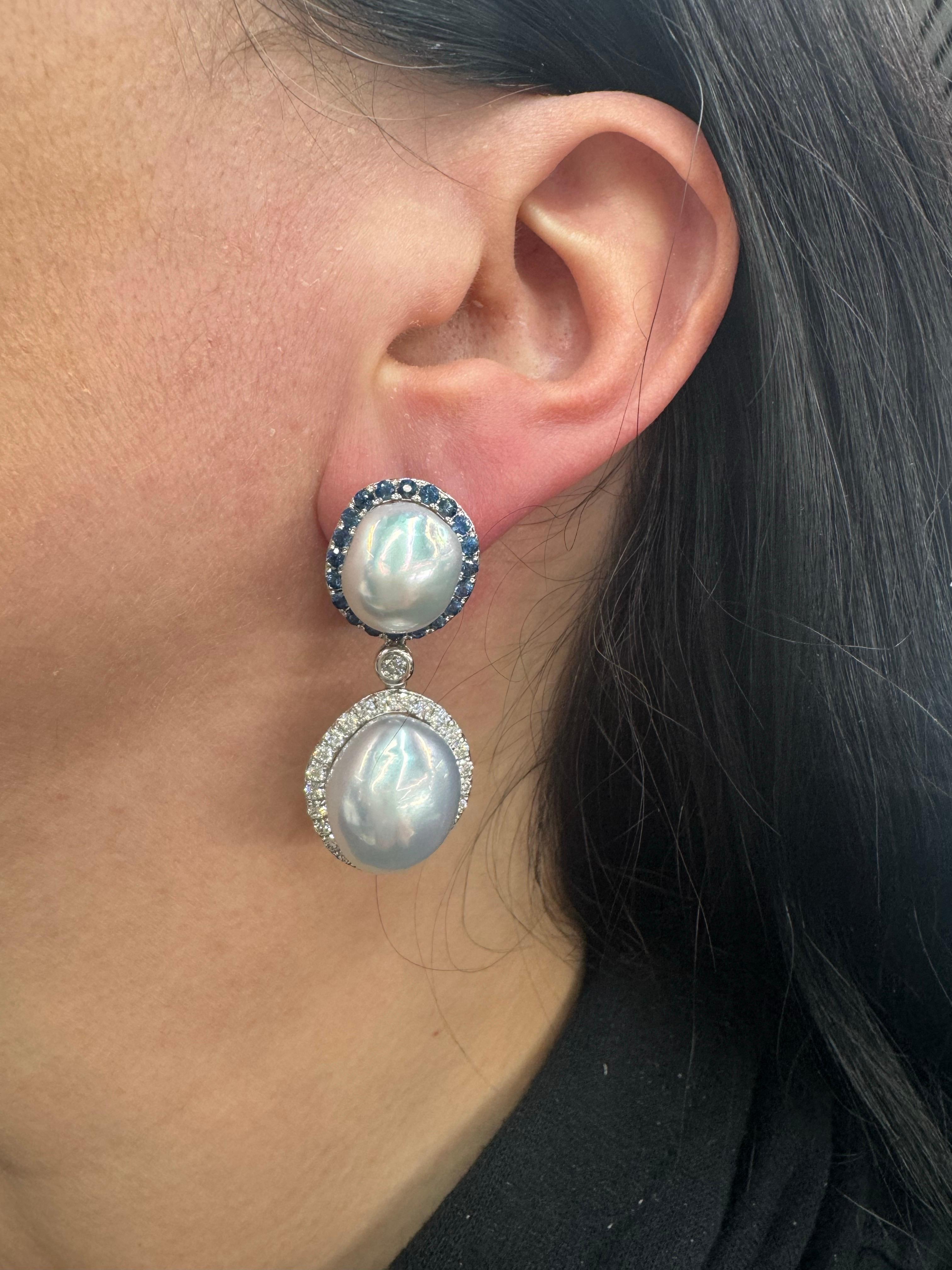 Alternating Sapphire Diamond Halo Baroque Pearl Drop Earrings 3.44 CTTW 11-14 MM In New Condition For Sale In New York, NY