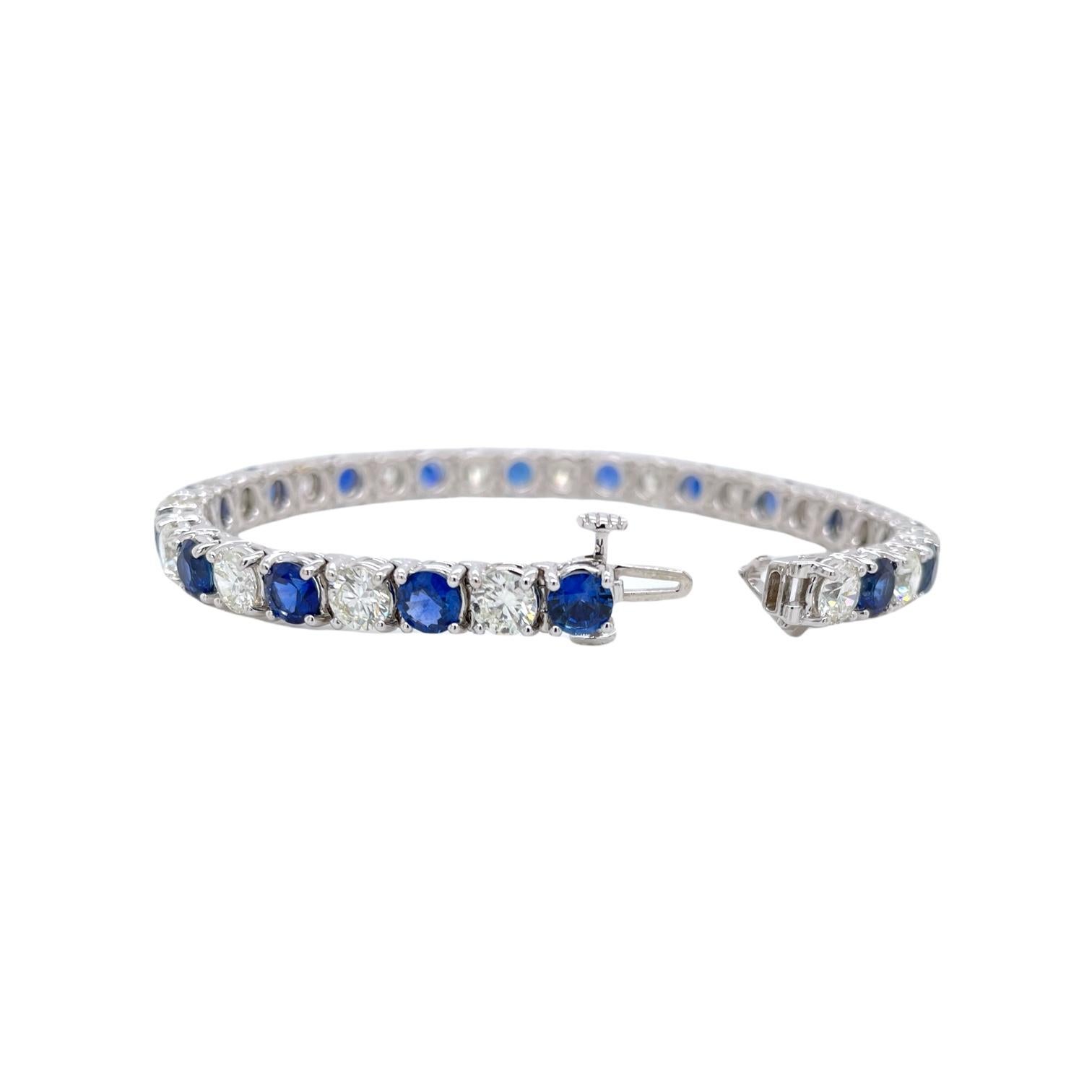 Contemporary Alternating Sapphire & Diamond Tennis Bracelet in 14K White Gold For Sale