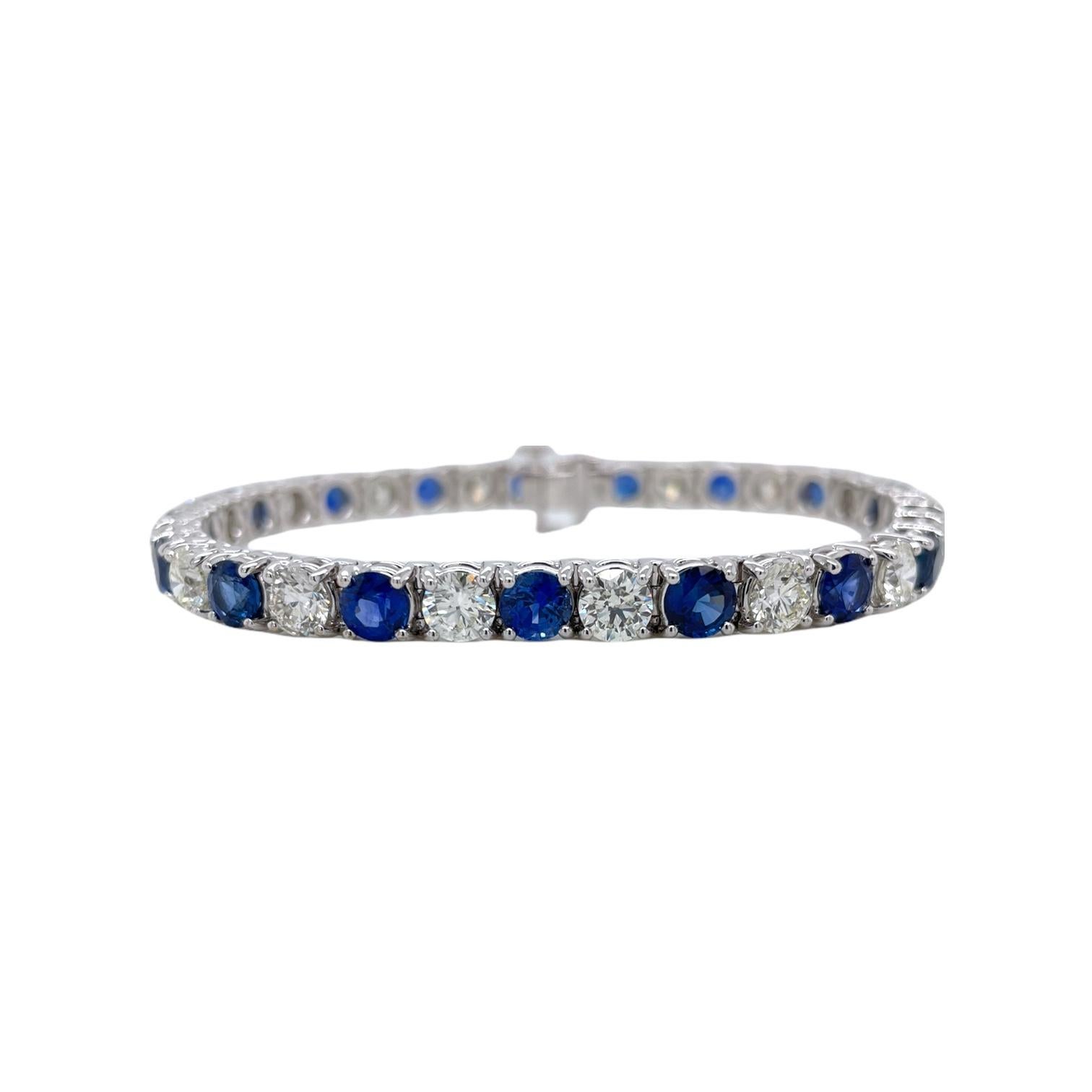 Round Cut Alternating Sapphire & Diamond Tennis Bracelet in 14K White Gold For Sale