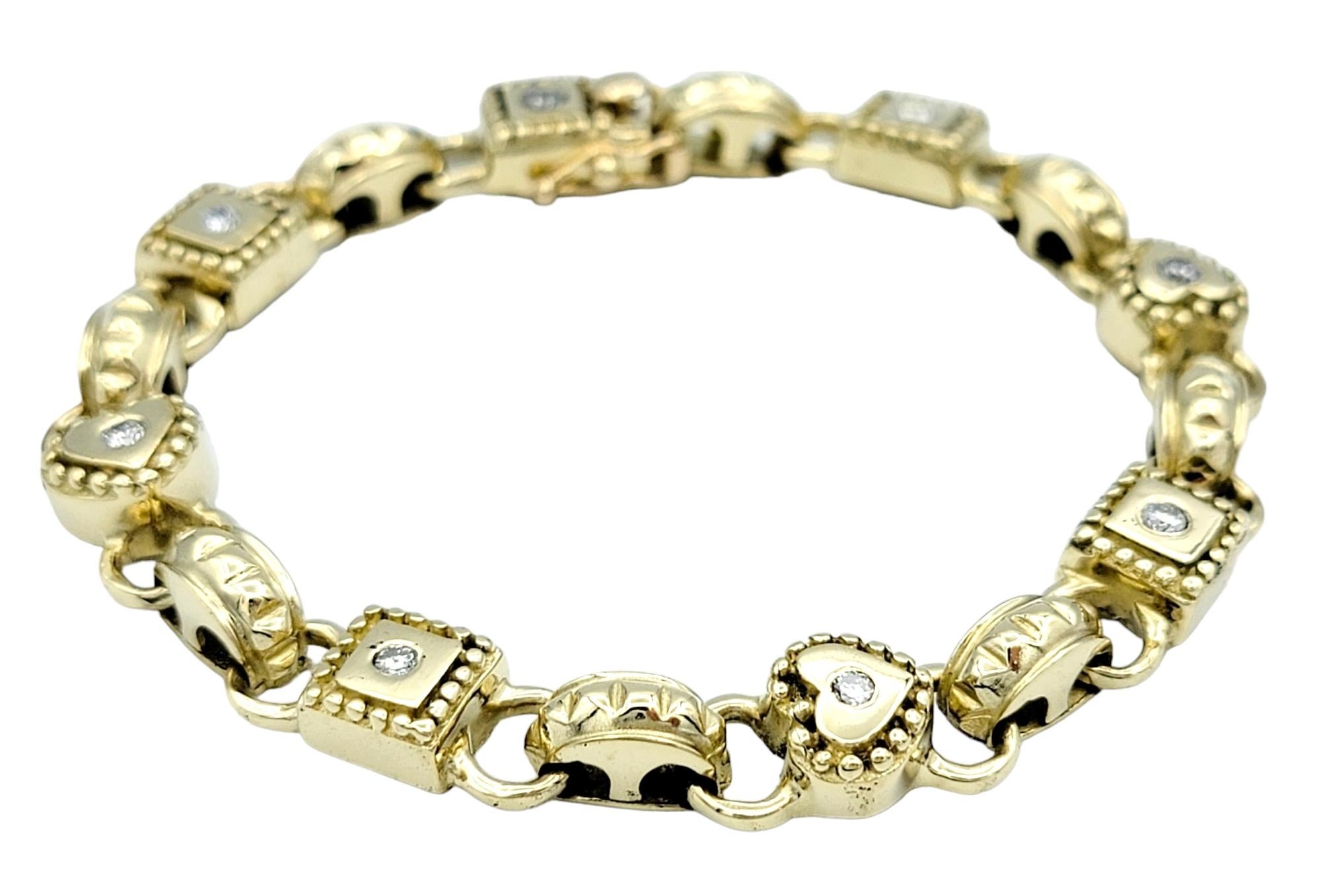 This gold link bracelet is a gorgeous masterpiece that seamlessly blends simplicity with elegance. The alternating links, featuring classic square and heart shapes, along with the uniquely ridged links, give the piece a dynamic and eye-catching