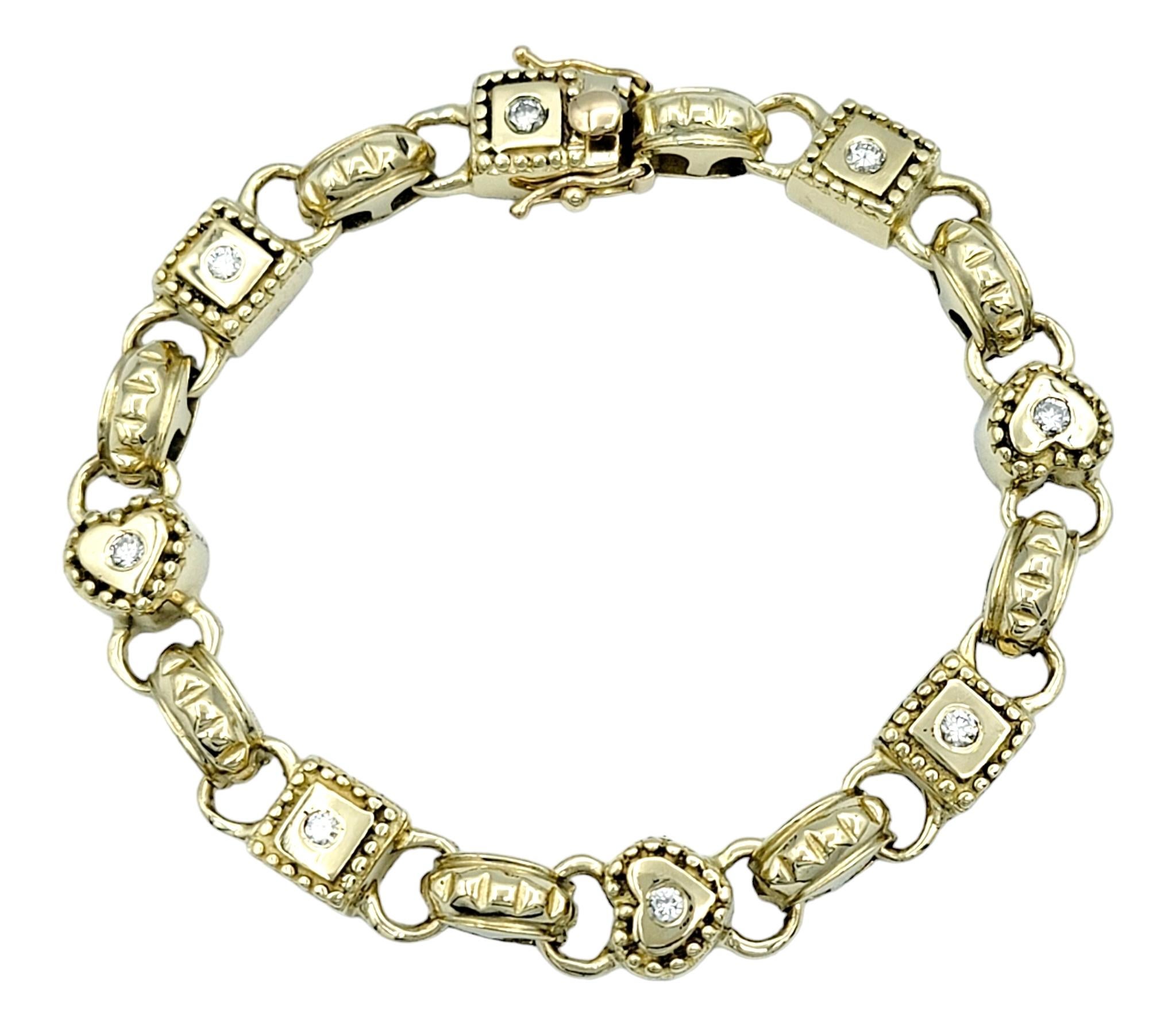 Contemporary Alternating Square and Heart Link Bracelet with Diamonds in 14 Karat Yellow Gold For Sale