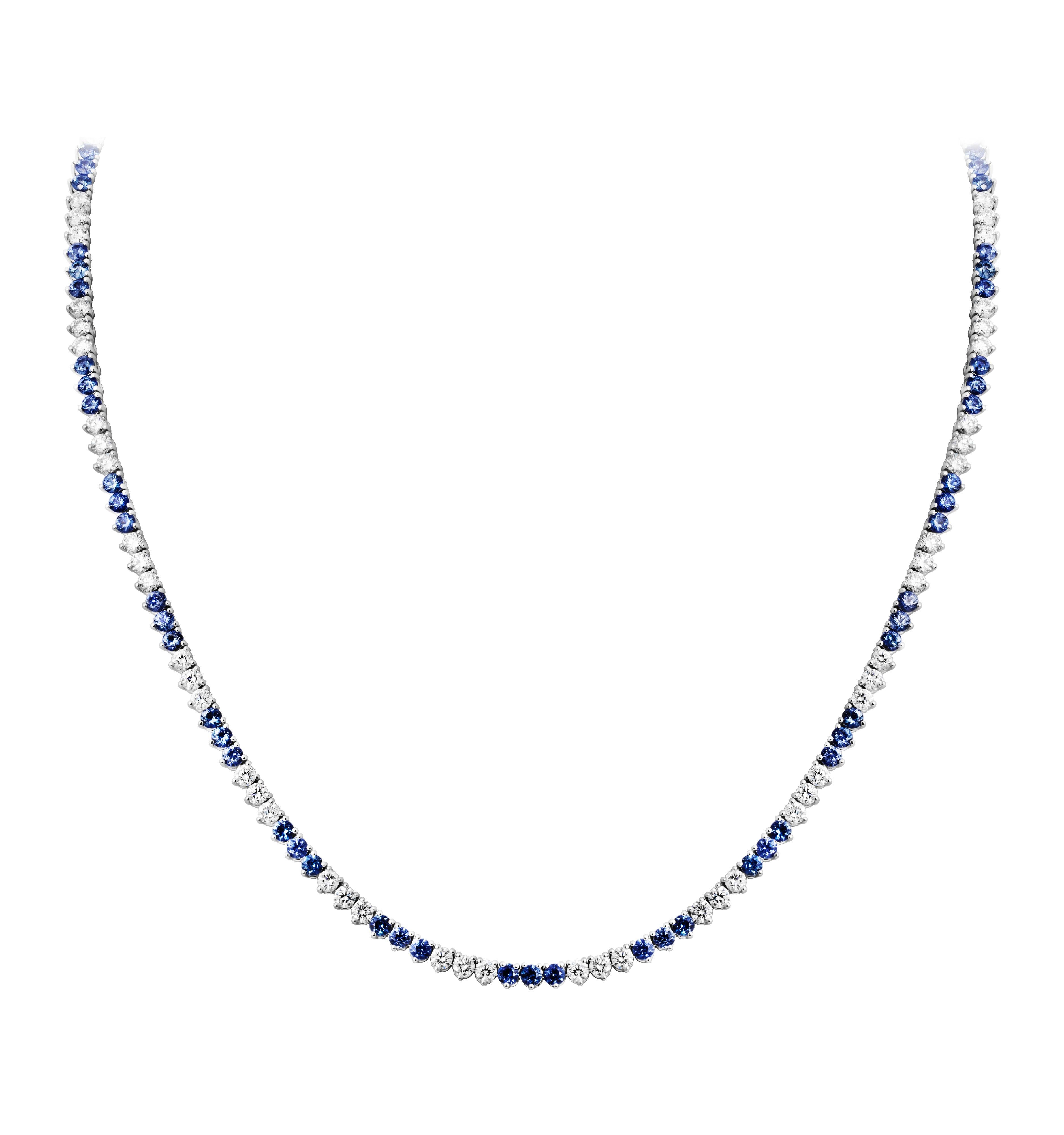 Collana Tennis alternata con diamanti e zaffiri
Montato in Platino
Con diamanti rotondi per un totale di 3,90 carati e zaffiri blu per un totale di 6,08 carati 
16