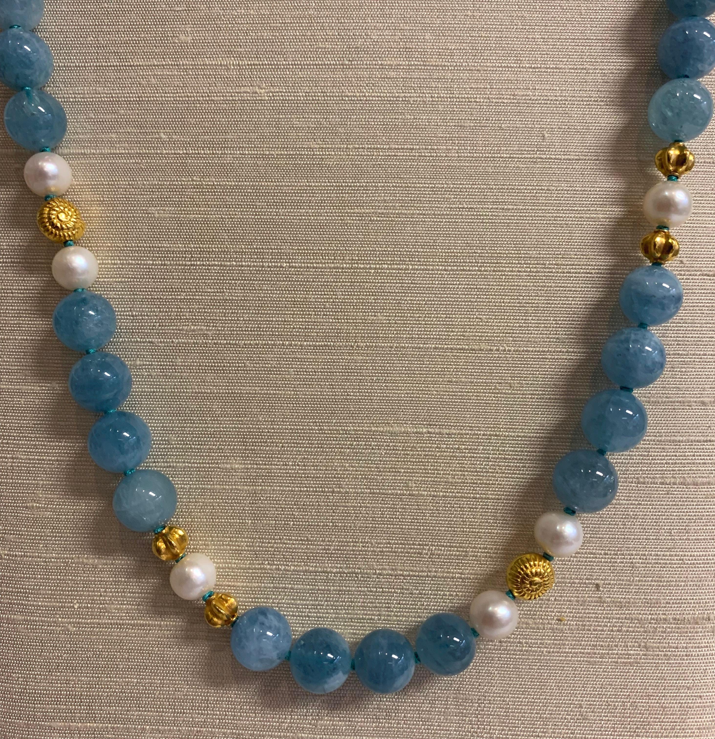 Bead Altfield Aquamarine, Pearl and Gold Necklace For Sale