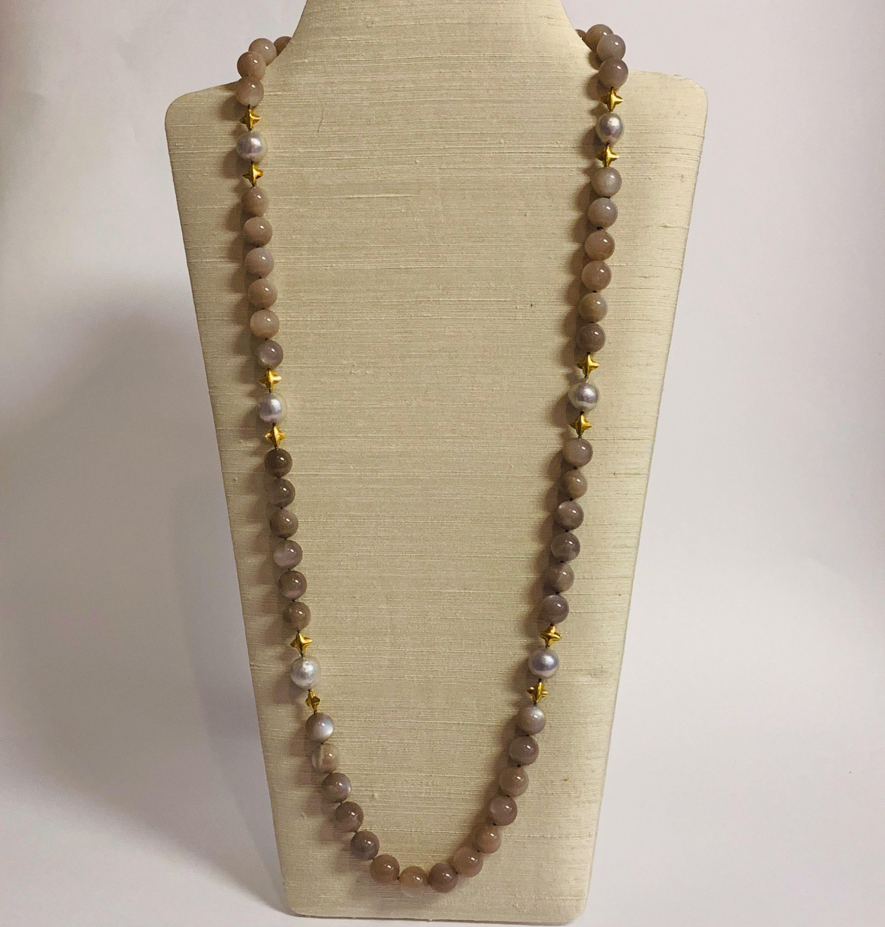 Contemporary Altfield Grey Moonstone, Pearl and Gold Long Necklace