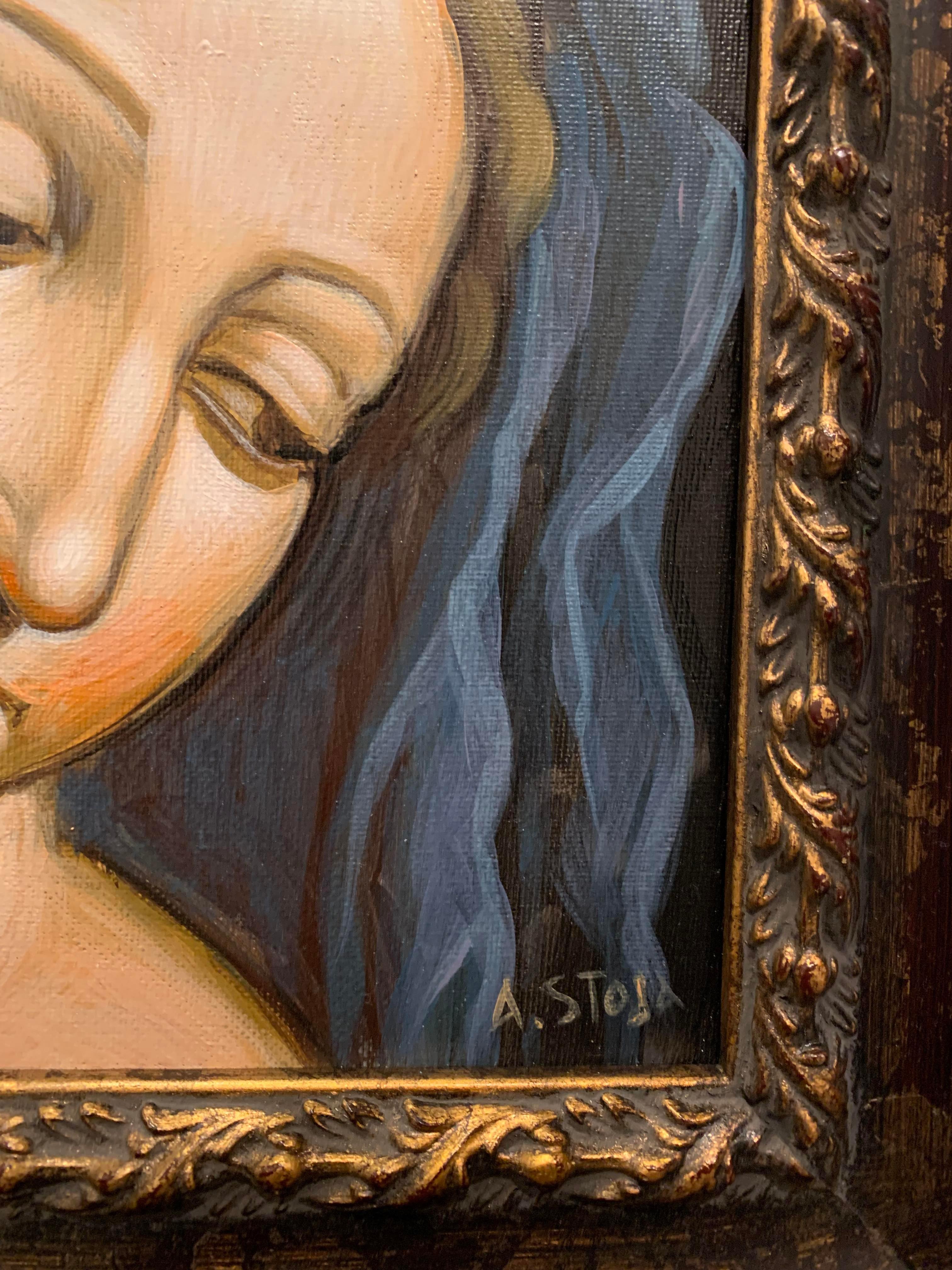 Dieses Gemälde in Acryl auf Leinwand zeigt eine Madonna aus der Renaissance. Dieses spirituelle Porträt ist wunderschön gerahmt und zeigt einen anmutigen Moment. Der azurblaue Stoff wird verwendet, um Extravaganz darzustellen, da blaue Farbe in der