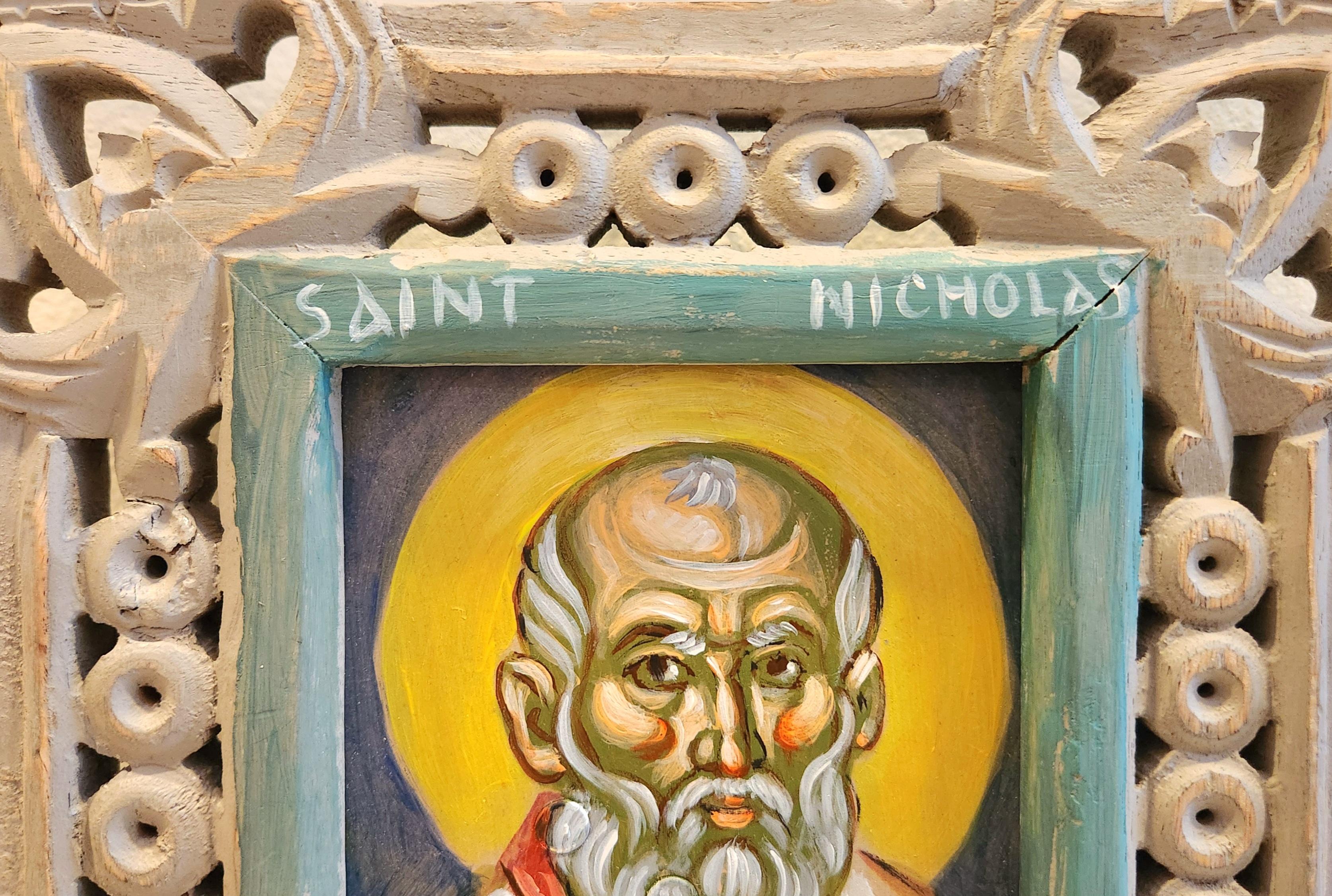 Acrylique sur bois -  Saint-Nicolas - Byzantin Painting par Altin Stoja