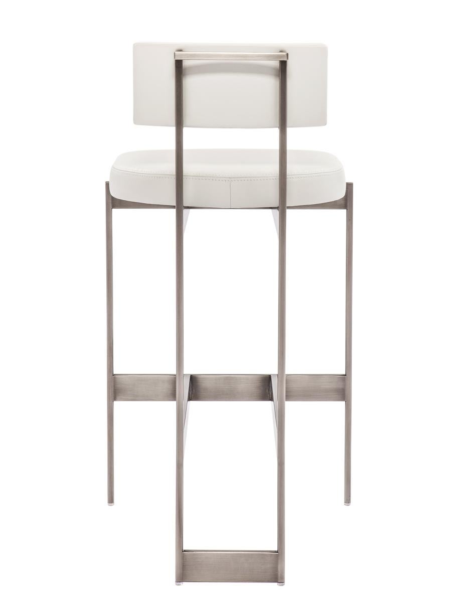 Modern Alto Bar Stool in White Leather with Satin Nickel Finish by Powell & Bonnell For Sale