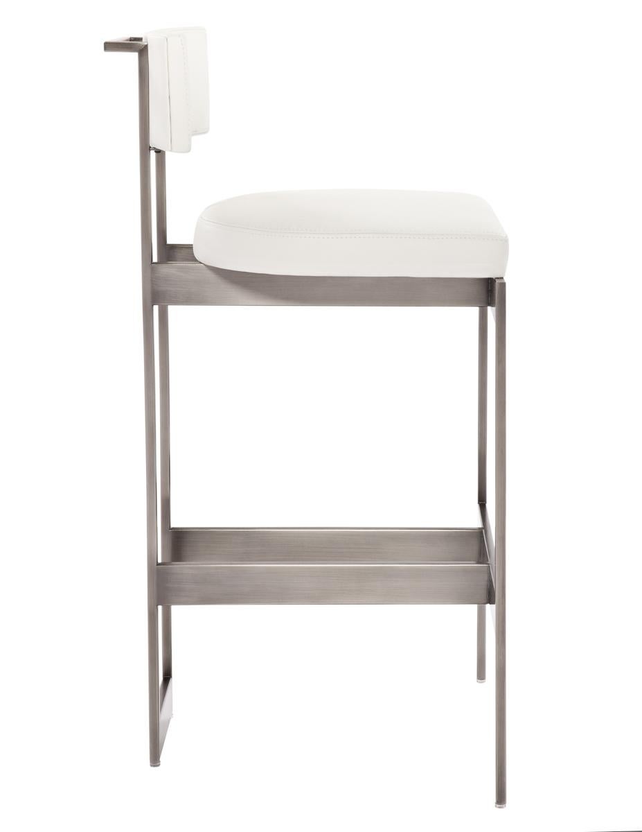 Alto Bar Stool in White Leather with Satin Nickel Finish by Powell & Bonnell In Excellent Condition For Sale In New York, NY