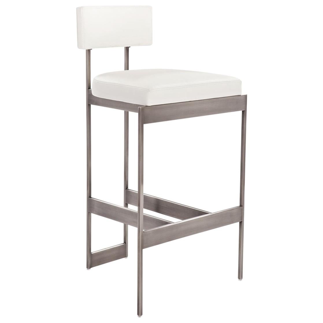 Alto Bar Stool in White Leather with Satin Nickel Finish by Powell & Bonnell For Sale