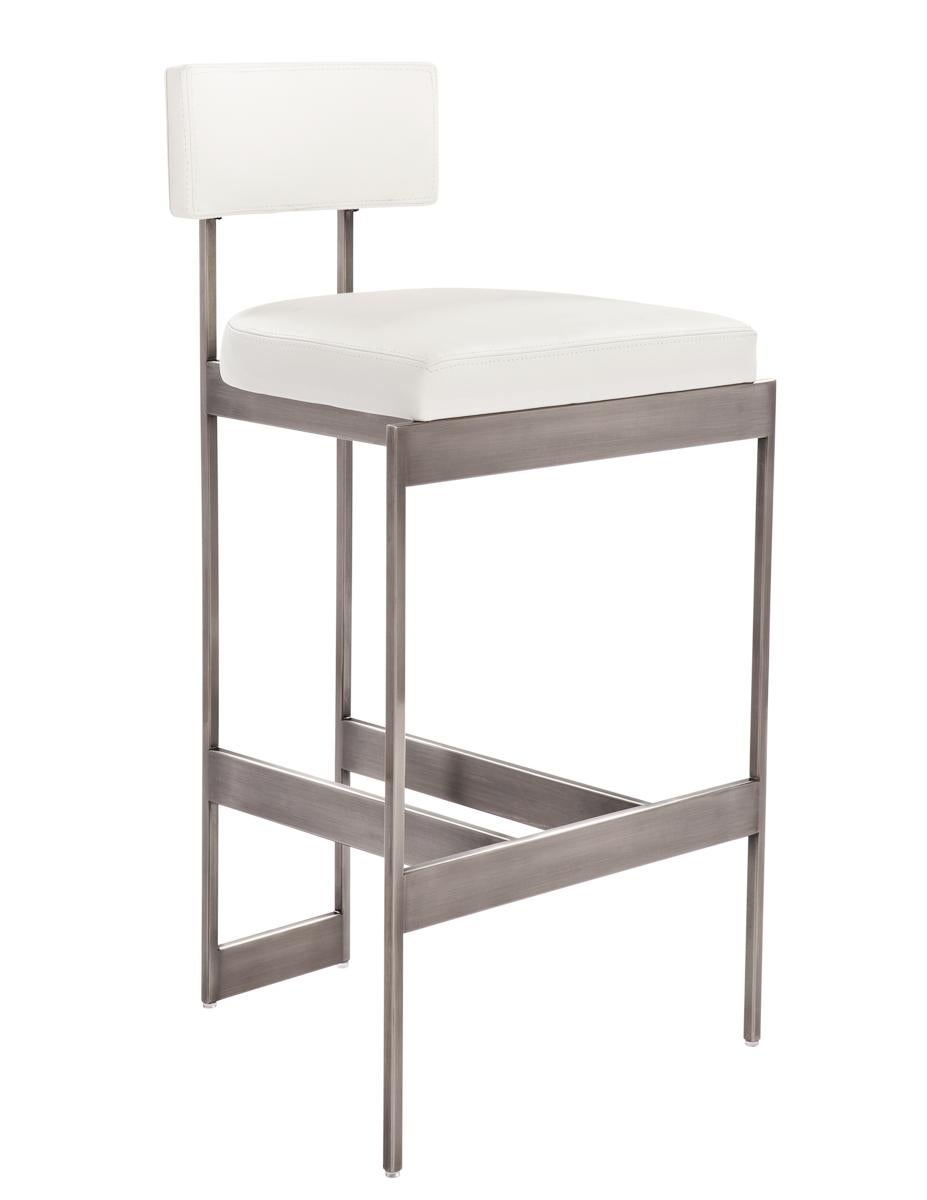 Modern Alto Counter Stool in Tan Leather with Satin Nickel Finish by Powell & Bonnell For Sale