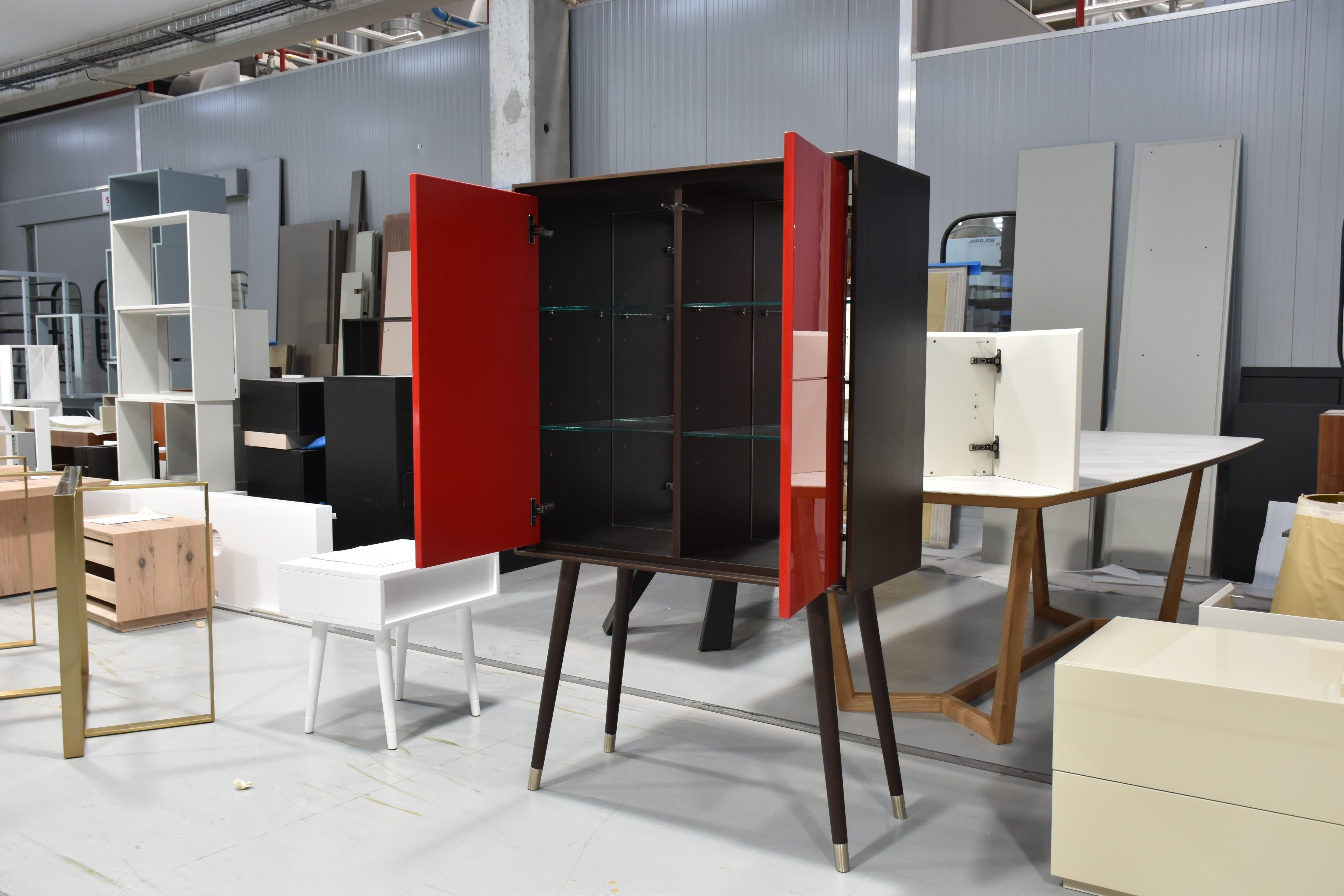 Contemporary Eucalyptus Veneer Bar / Cabinet with Red Lacquer Doors