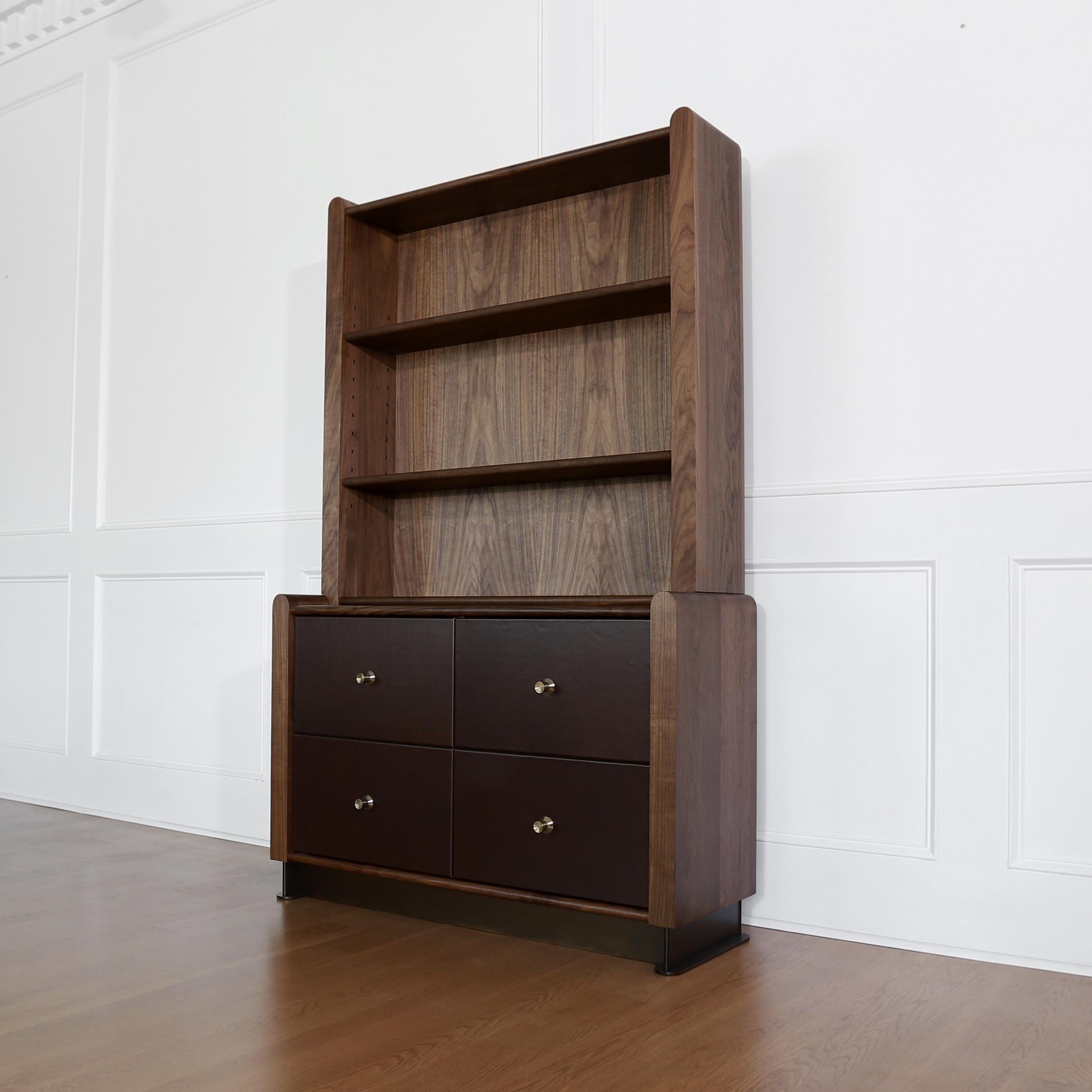 Alton Hutch / Bookcase by Crump and Kwash 

Featuring a solid wood case / adjustable solid wood shelves / hand oiled finish / leather wrapped drawer fronts / premium, full extension, soft close drawer slides / solid maple, dovetailed drawer boxes /