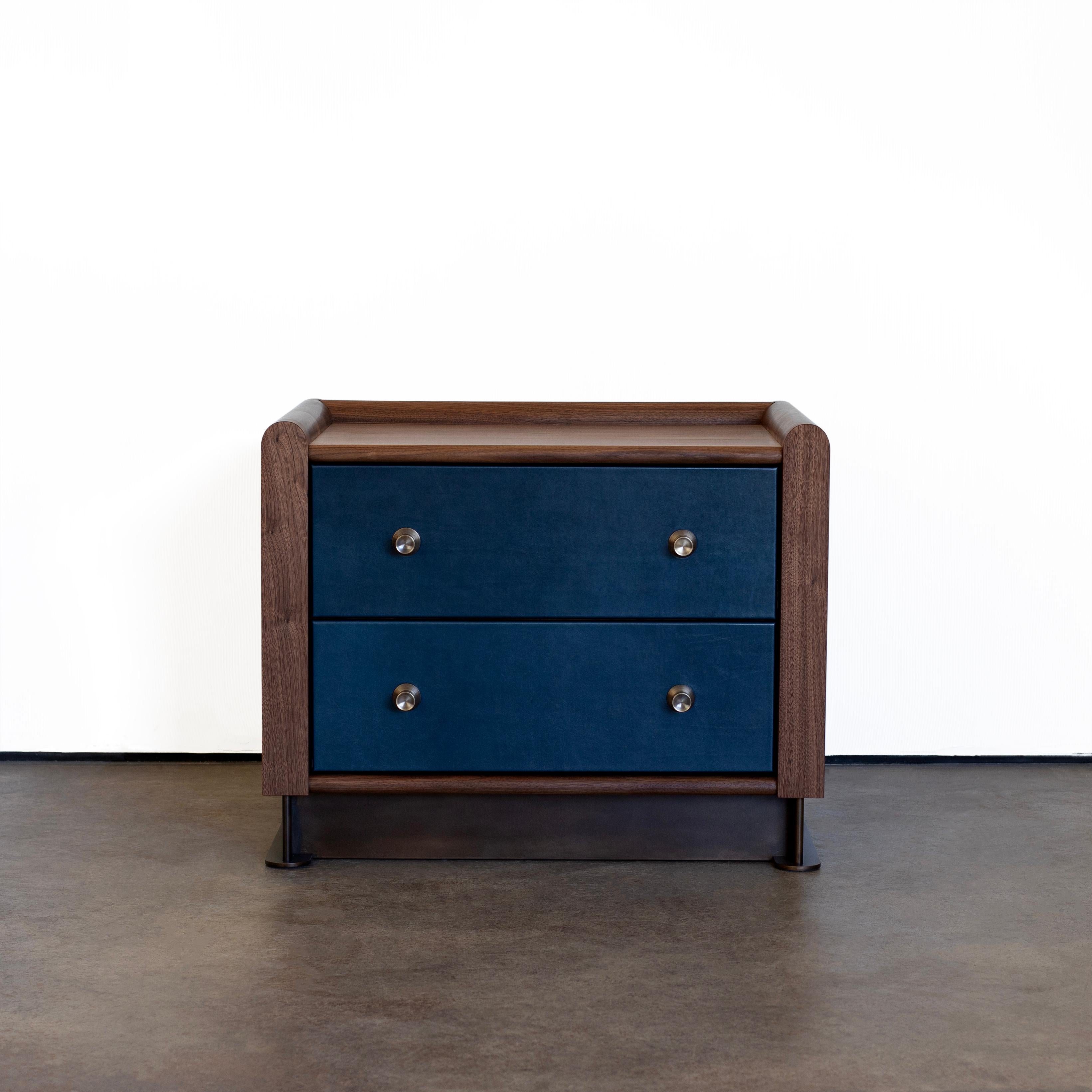 Carved Alton modern solid wood and leather nightstands by Crump and Kwash