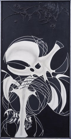 Antico dipinto ad olio astratto surreale di scuola americana con cornice di grandi dimensioni