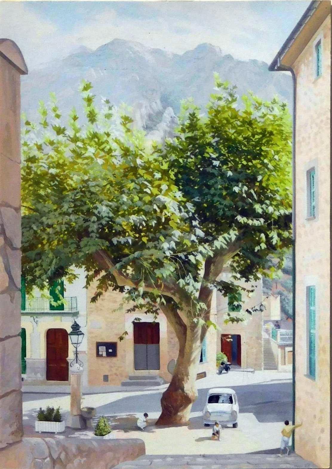 Altoon Sultan Brooklyn Frau Künstler Ei Tempera - The Plaza, Spanien im Angebot 1