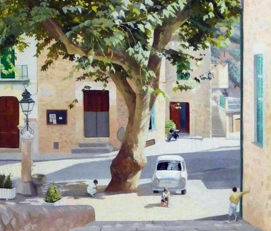 Altoon Sultan Brooklyn Frau Künstler Ei Tempera - The Plaza, Spanien im Angebot 3