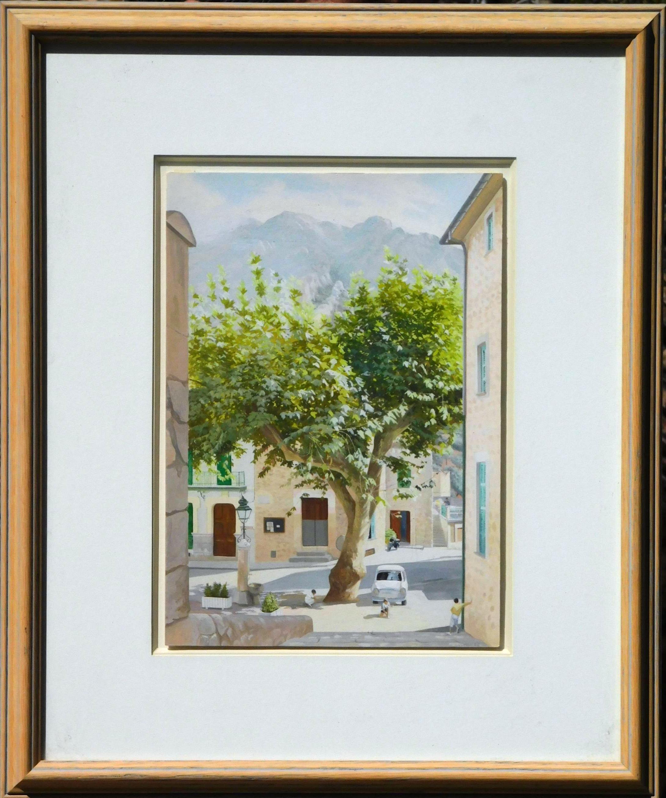 Schönes Gemälde der New Yorker Künstlerin Altoon Sultan (geb. 1948). 
Rückseitig originales Label der Marlborough Gallery New York mit dem Titel "The Plaza".
Das Motiv ist ein sonniger Platz mit spielenden Kindern in Fornalutz, Mallorca, Spanien.