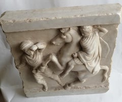 Battle relief carved in white Carrara marble—made in Italy