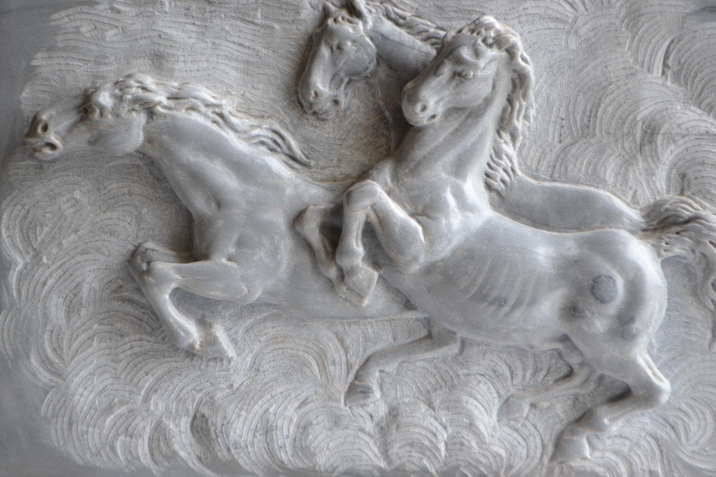 Horses, horse sculpture, marble horses, high relief horses, running horses, Italian art horses, made in Italy, bas-relief horses, high relief horse.
High relief representing a group of running horses.
carved on bardiglio gray marble from the Apuan