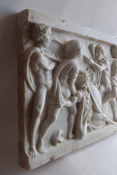High relief carved on white Carrara marble, "Ancient battle"-made in Italy