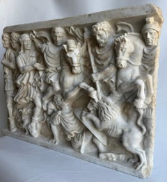 Haut-relief sur marbre blanc de Carrare – Chasse au lion dans la Rome antique – Fabriqué en Italie