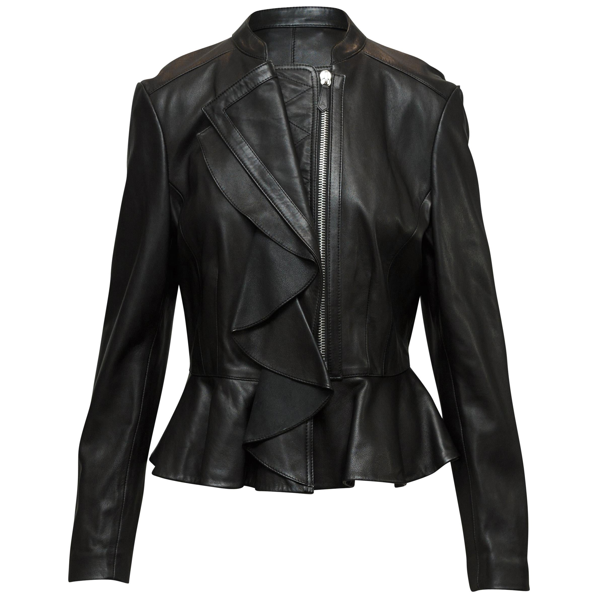 Altuzarra Black Fitted Leather Ruffle-Trimmed Jacket